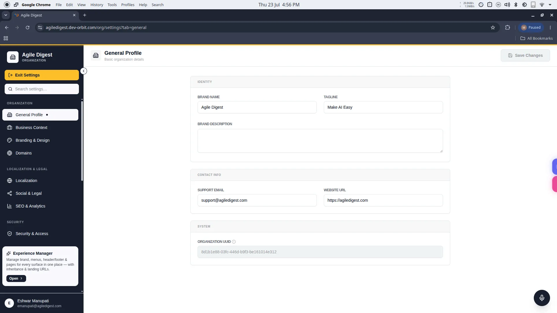 Business Context Screen
