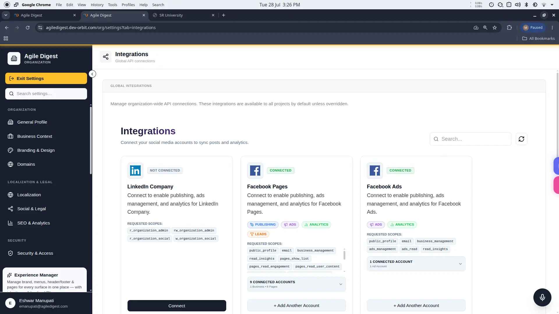 Integrations Main Dashboard