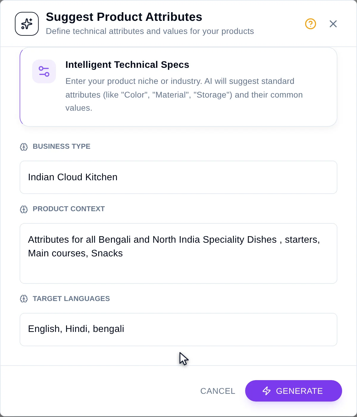 The AI attribute generation modal with target language chips and a business description field