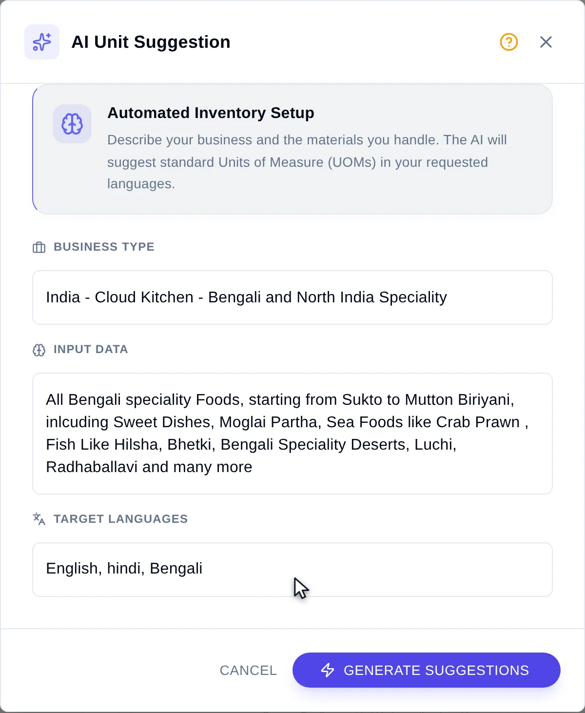 The AI unit-of-measure suggestion modal with an explainer, target language chips and a business description field