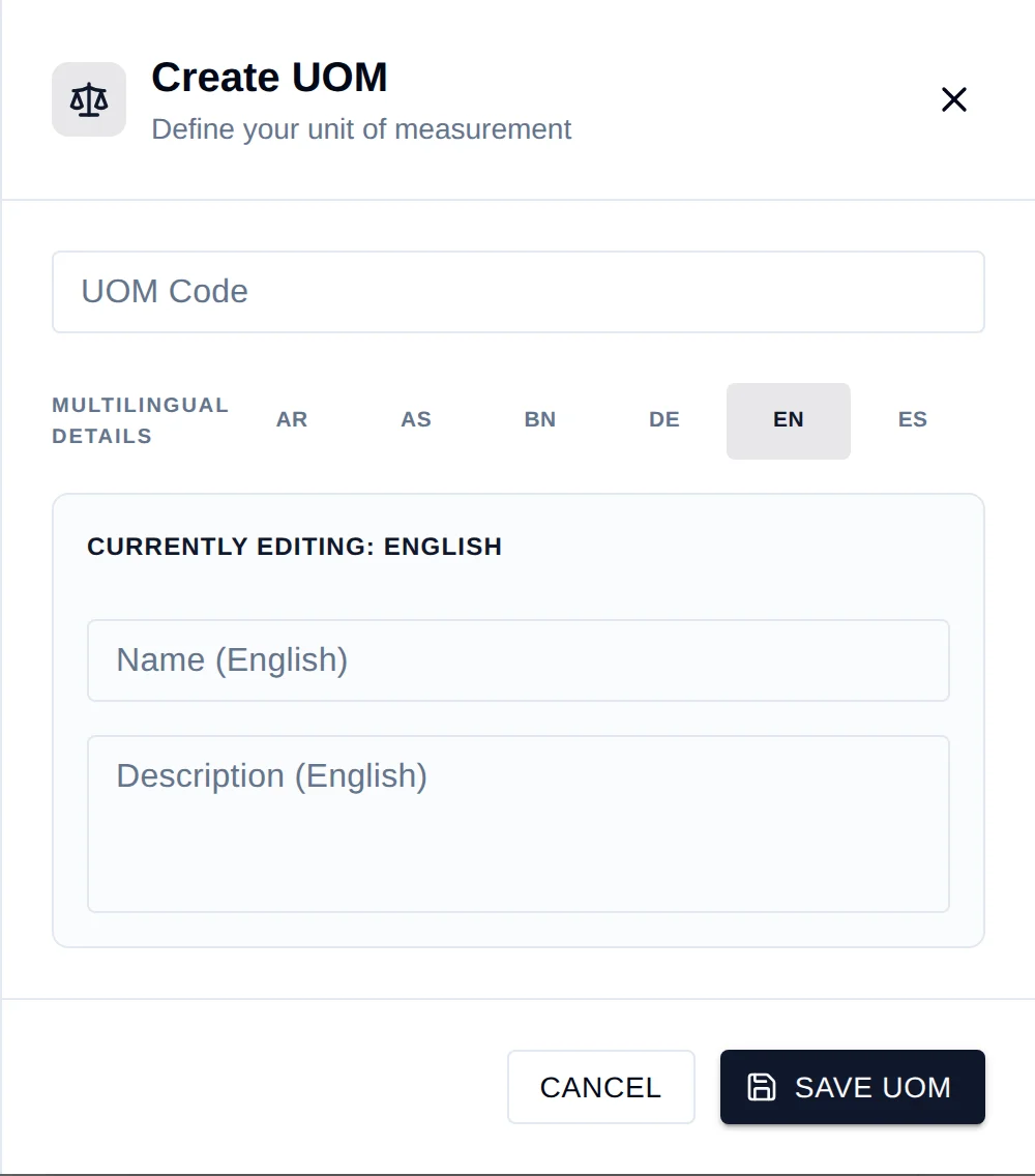 The Create UOM drawer with a UOM Code field, a row of language tabs — AR, AS, BN, DE, EN, ES — and Name and Description fields for the selected language