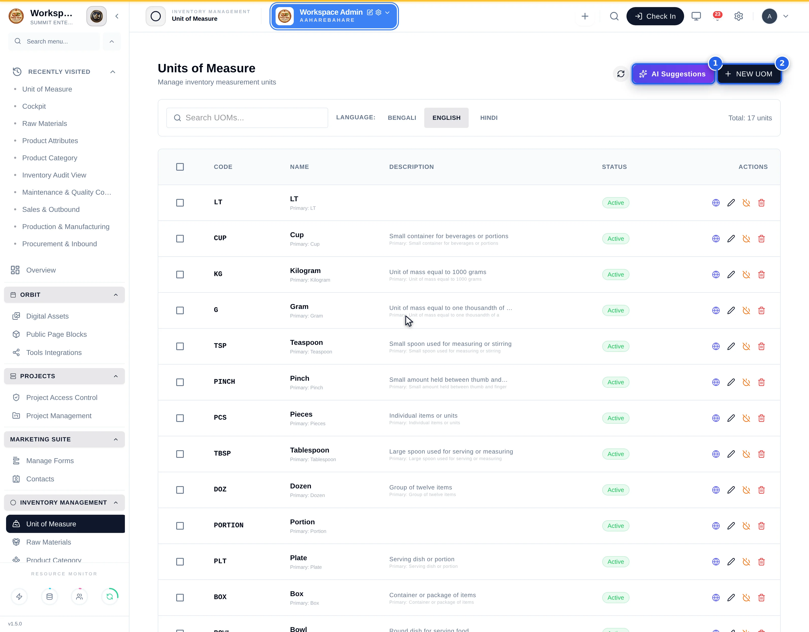 The Units of Measure list showing 17 units with code, name, description and Active status, plus AI Suggestions and New UOM buttons