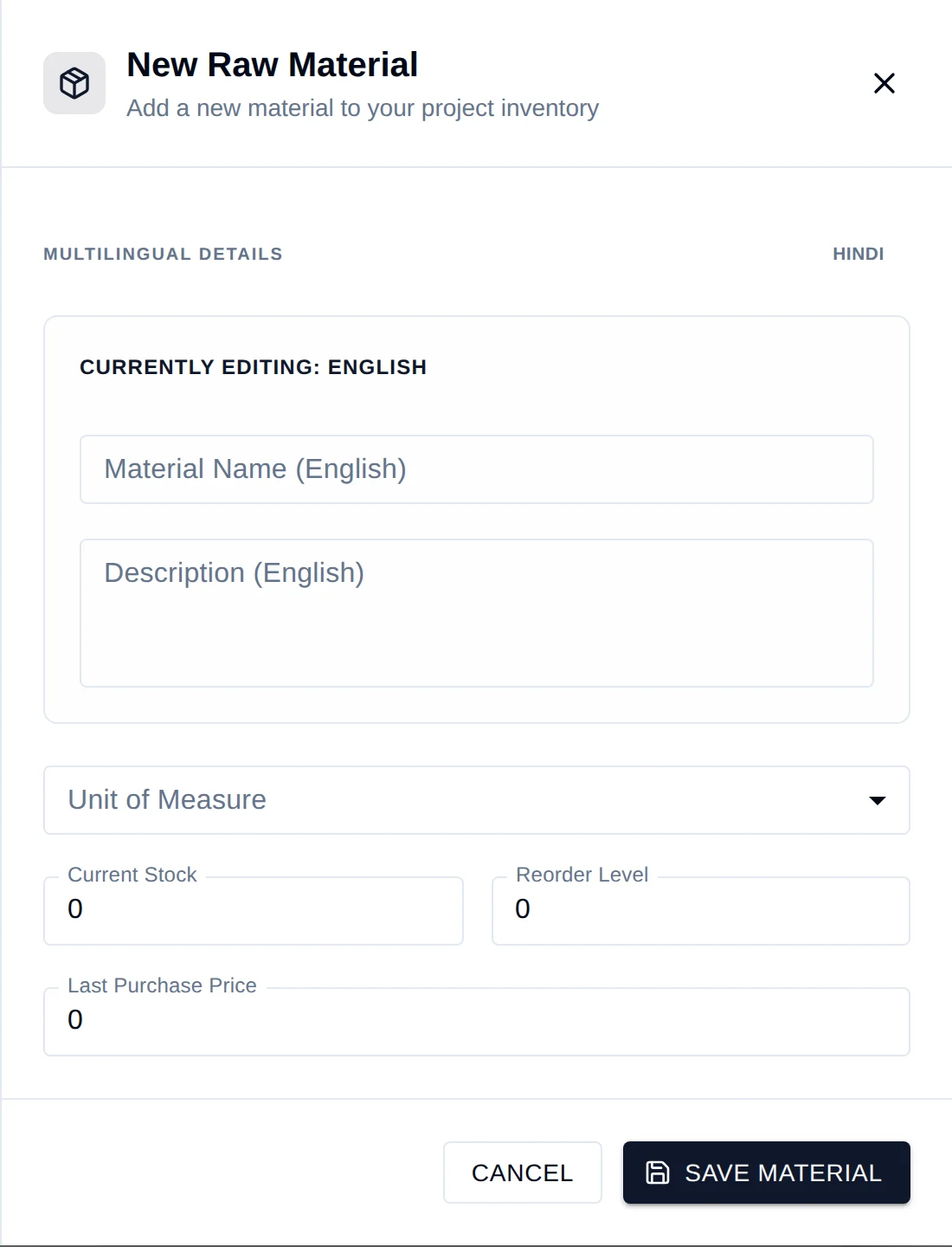 The New Material drawer with fields for the material name per language, unit of measure, current stock, reorder level and last purchase price