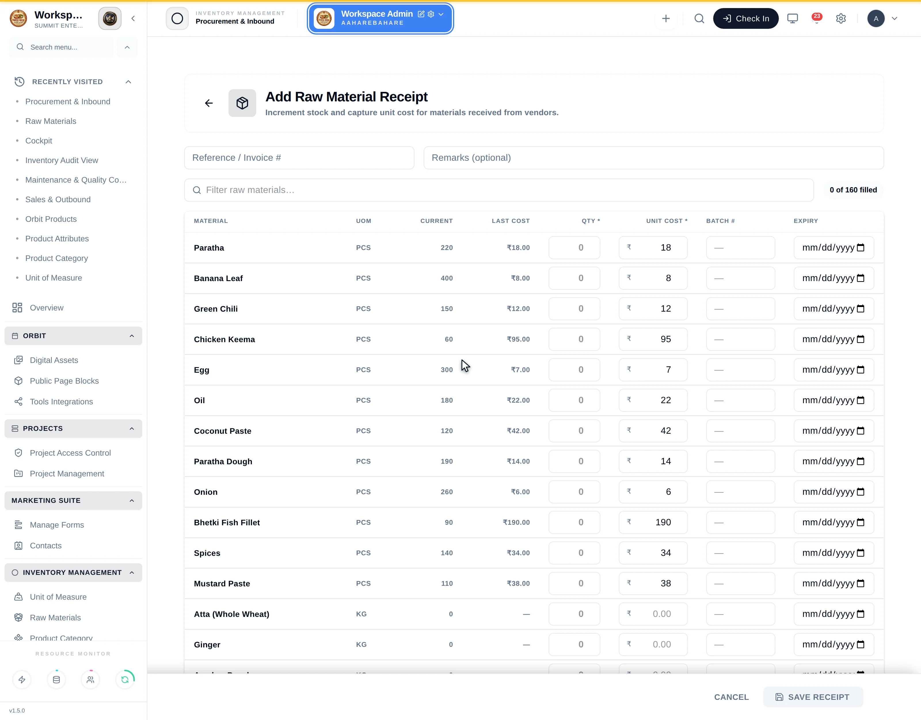 The Add Raw Material Receipt screen with Reference / Invoice # and Remarks fields, a filter box reading '0 of 160 filled', and a table of every raw material with columns MATERIAL, UOM, CURRENT, LAST COST, QTY, UNIT COST, BATCH # and EXPIRY