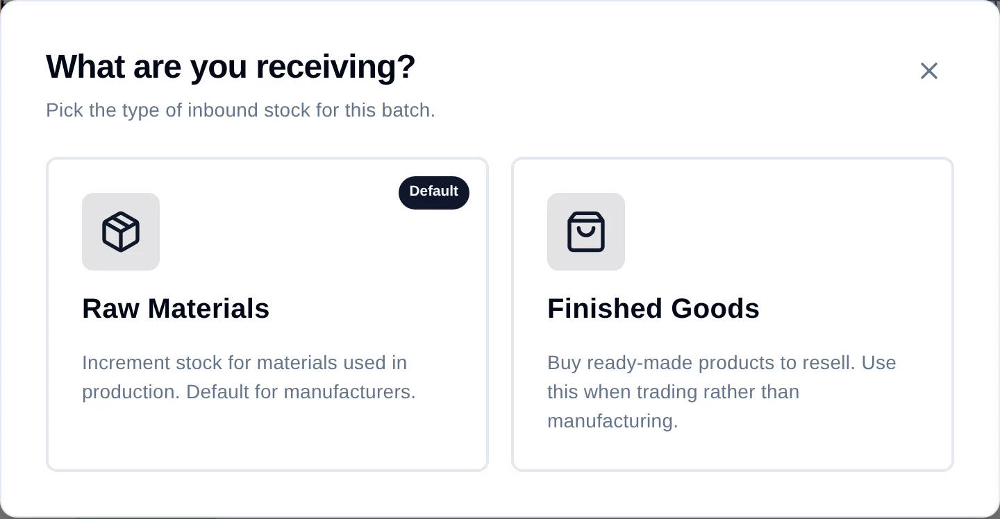 A dialog headed 'What are you receiving?' with the subtitle 'Pick the type of inbound stock for this batch', offering two cards — Raw Materials, badged Default, described as 'Increment stock for materials used in production. Default for manufacturers.' and Finished Goods, 'Buy ready-made products to resell. Use this when trading rather than manufacturing.'