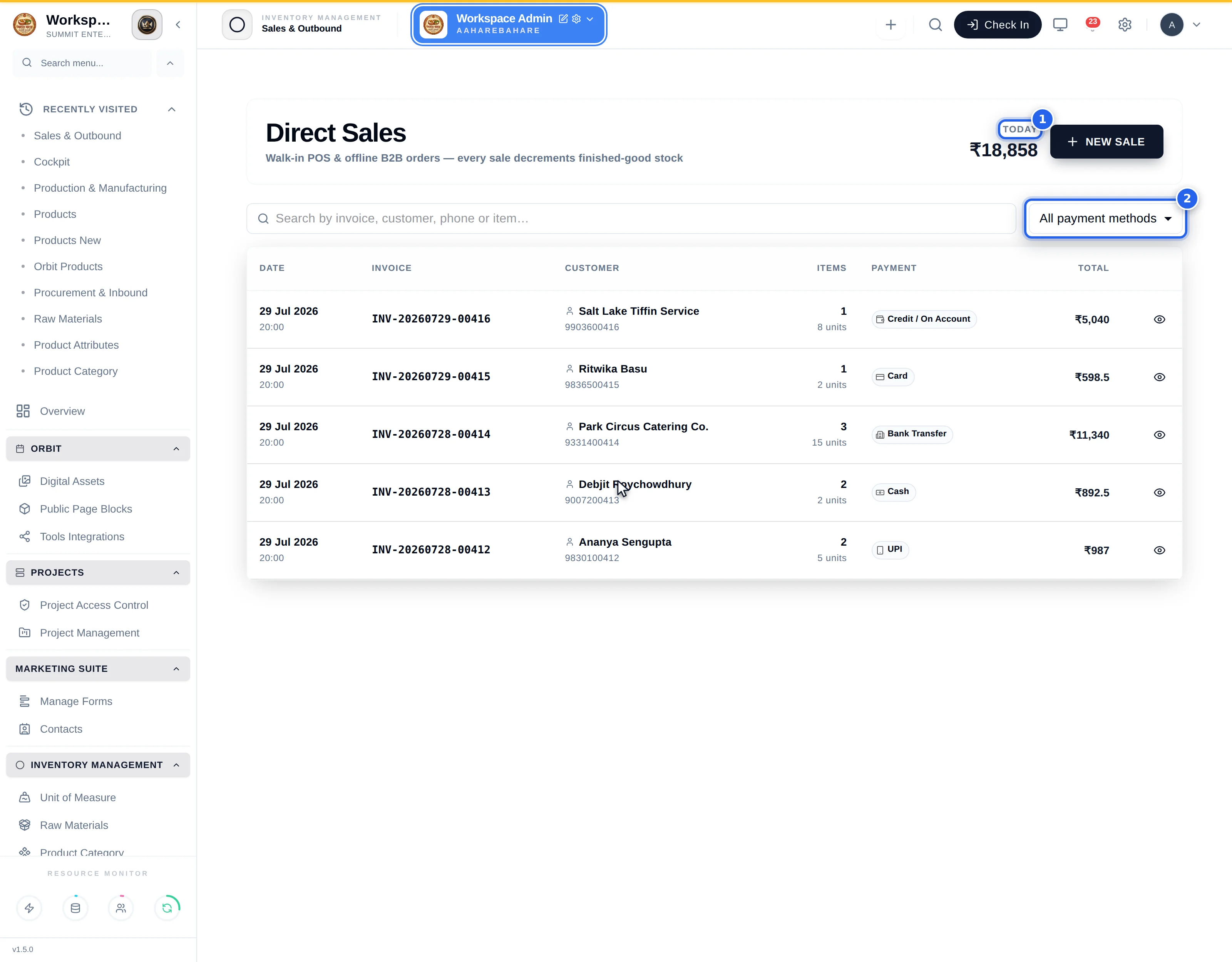 The Direct Sales screen showing five invoices with dates, invoice numbers, customer names and phones, item and unit counts, payment method pills and totals, with a TODAY figure in the header