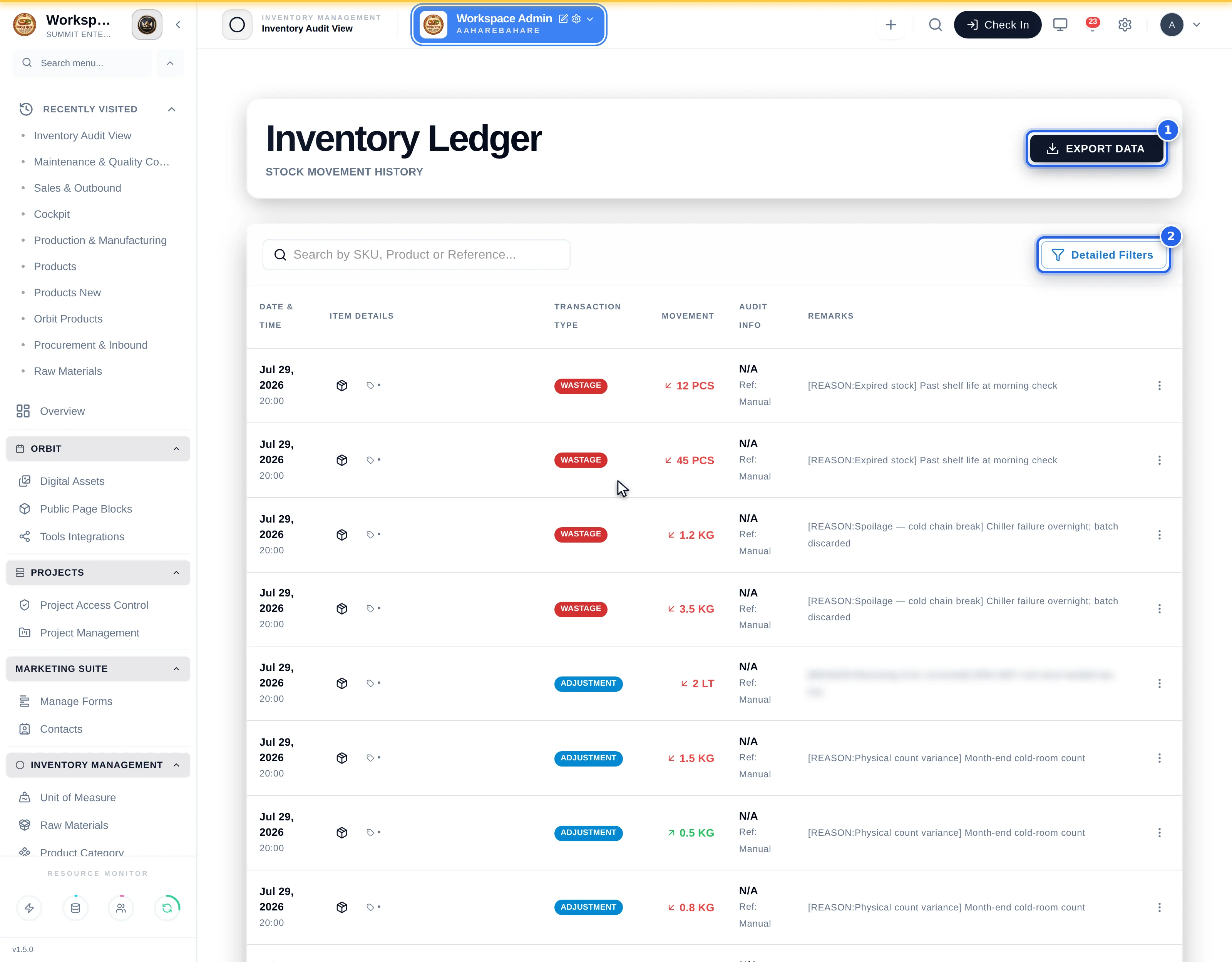The Inventory Ledger screen headed 'Stock Movement History' with a search box, an Export Data button and a Detailed Filters control above a table of transactions