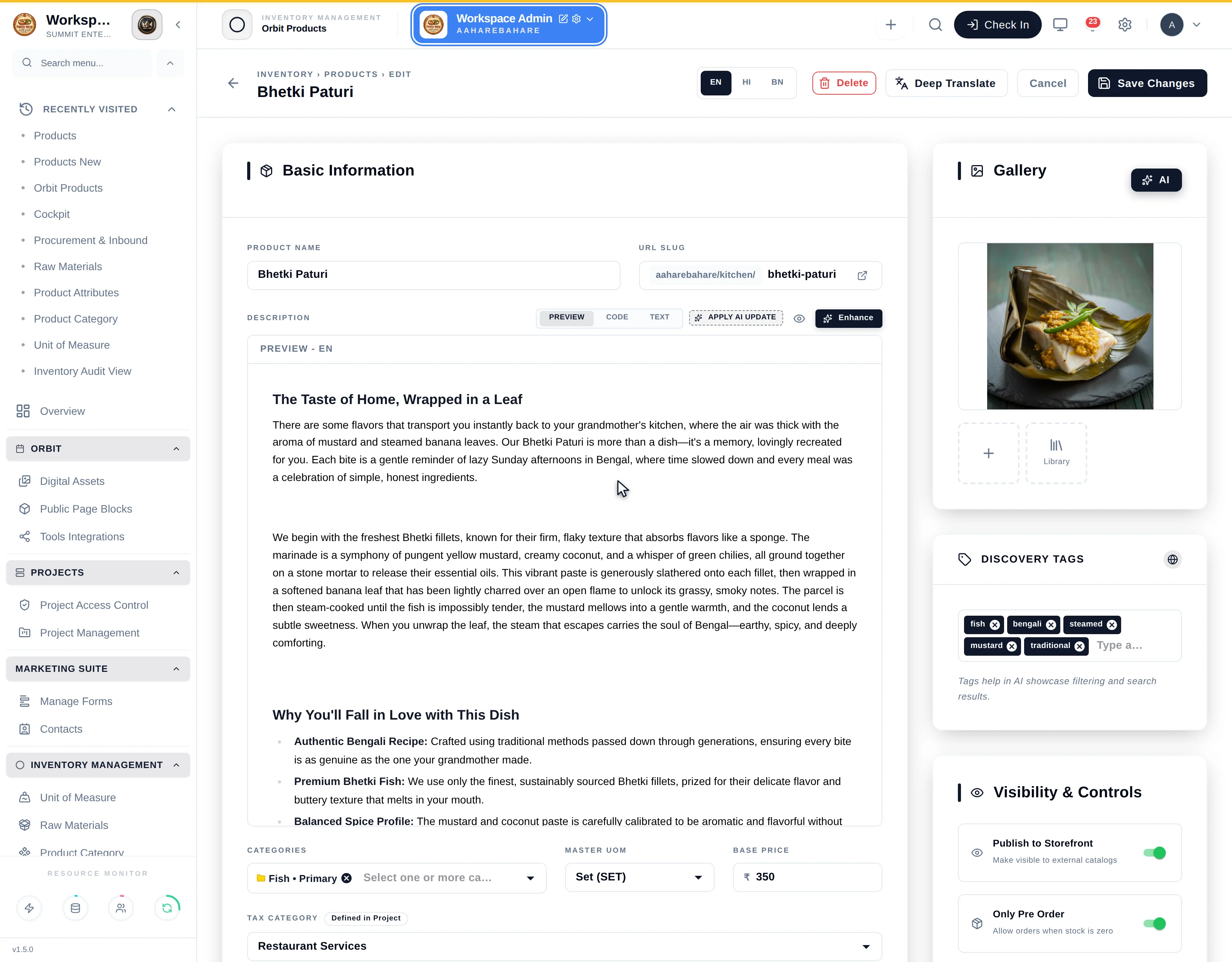 The Variations section of the product editor showing three rows — 6 Pieces at ₹900, 2 Pieces at ₹350 and 4 Pieces at ₹650 — each with an image slot, a name field, a SKU field, a price, a stock box and a delete action, plus an ATTRIBUTES selector and an Add Variation button