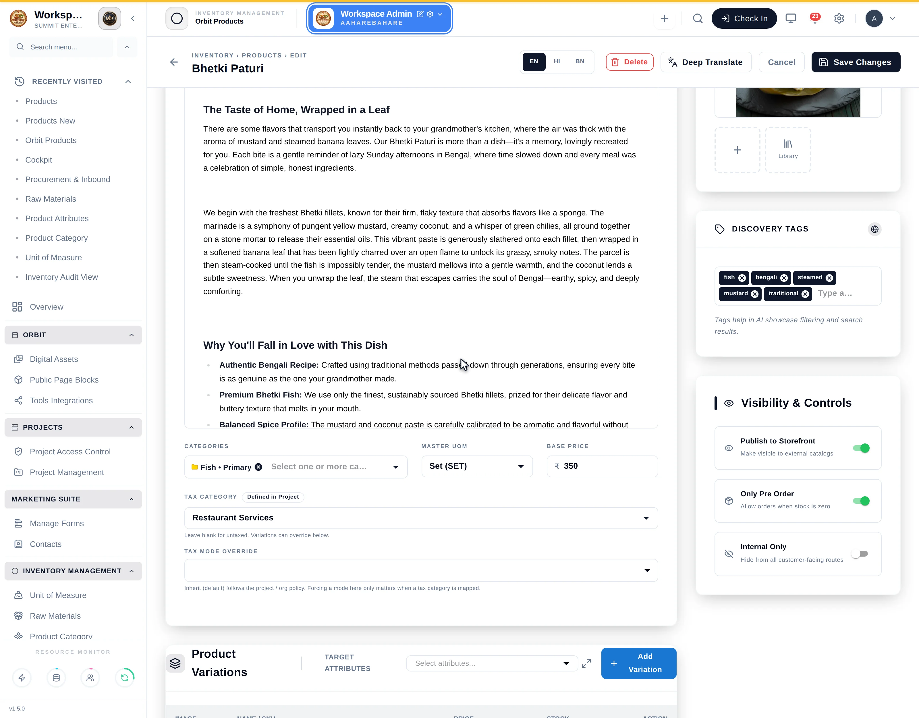 The visibility section of the product editor with publishable, pre-order and internal-only switches