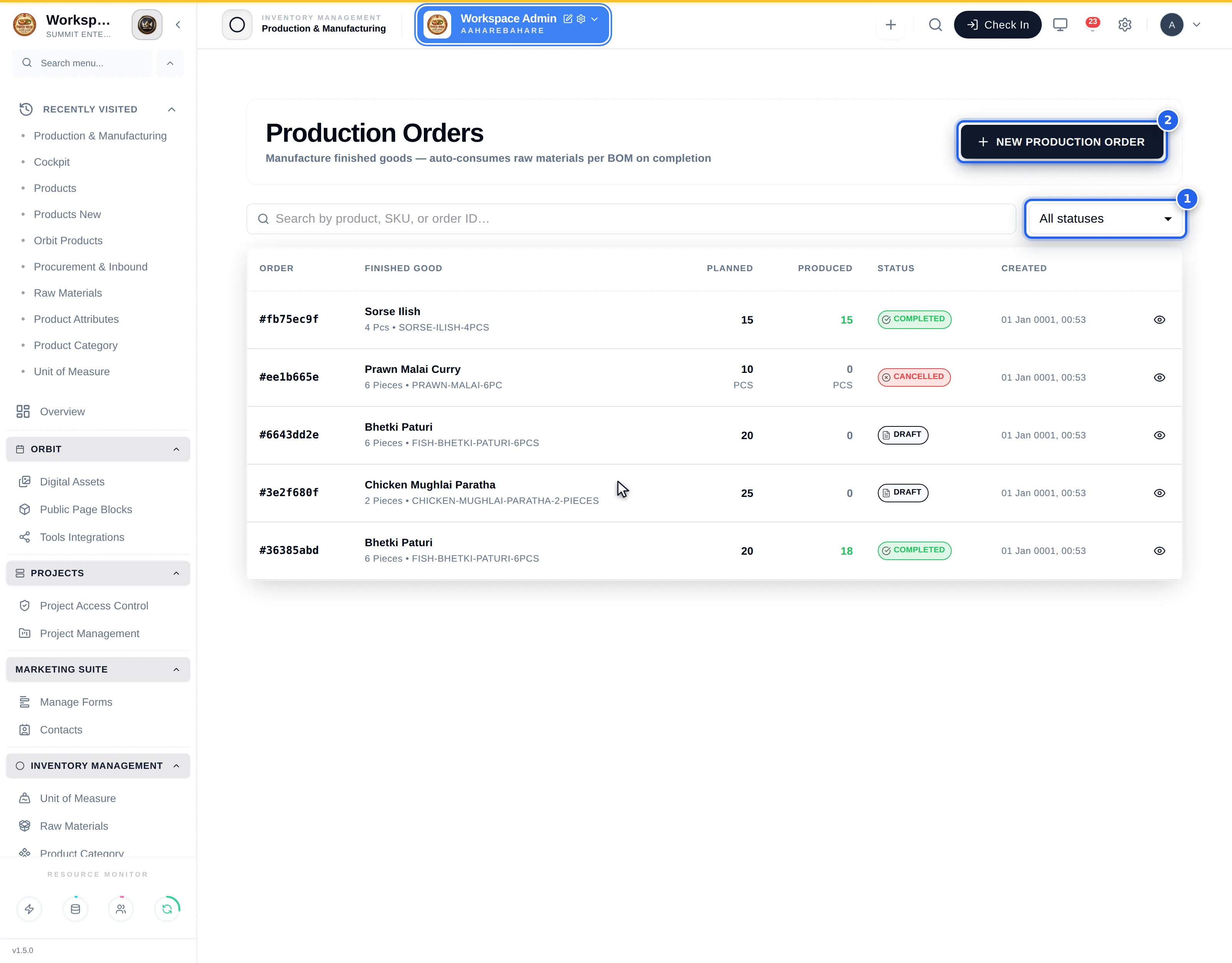 The Production Orders screen listing five orders with order ids, finished good names and SKUs, planned and produced quantities, status pills reading COMPLETED, CANCELLED and DRAFT, and a Created column