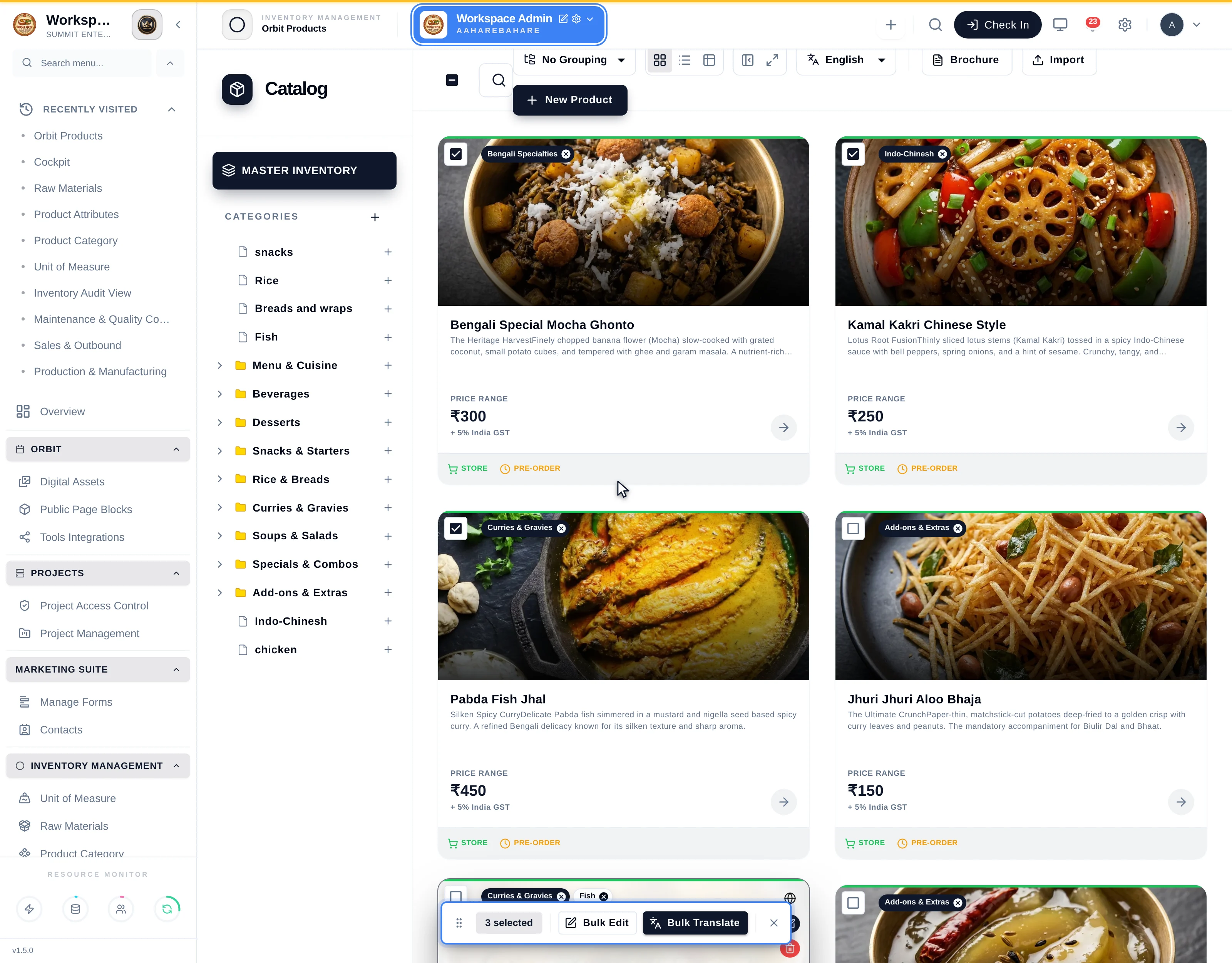 Three product cards with their checkboxes ticked and a floating bar reading '3 selected' with Bulk Edit and Bulk Translate buttons and a close control