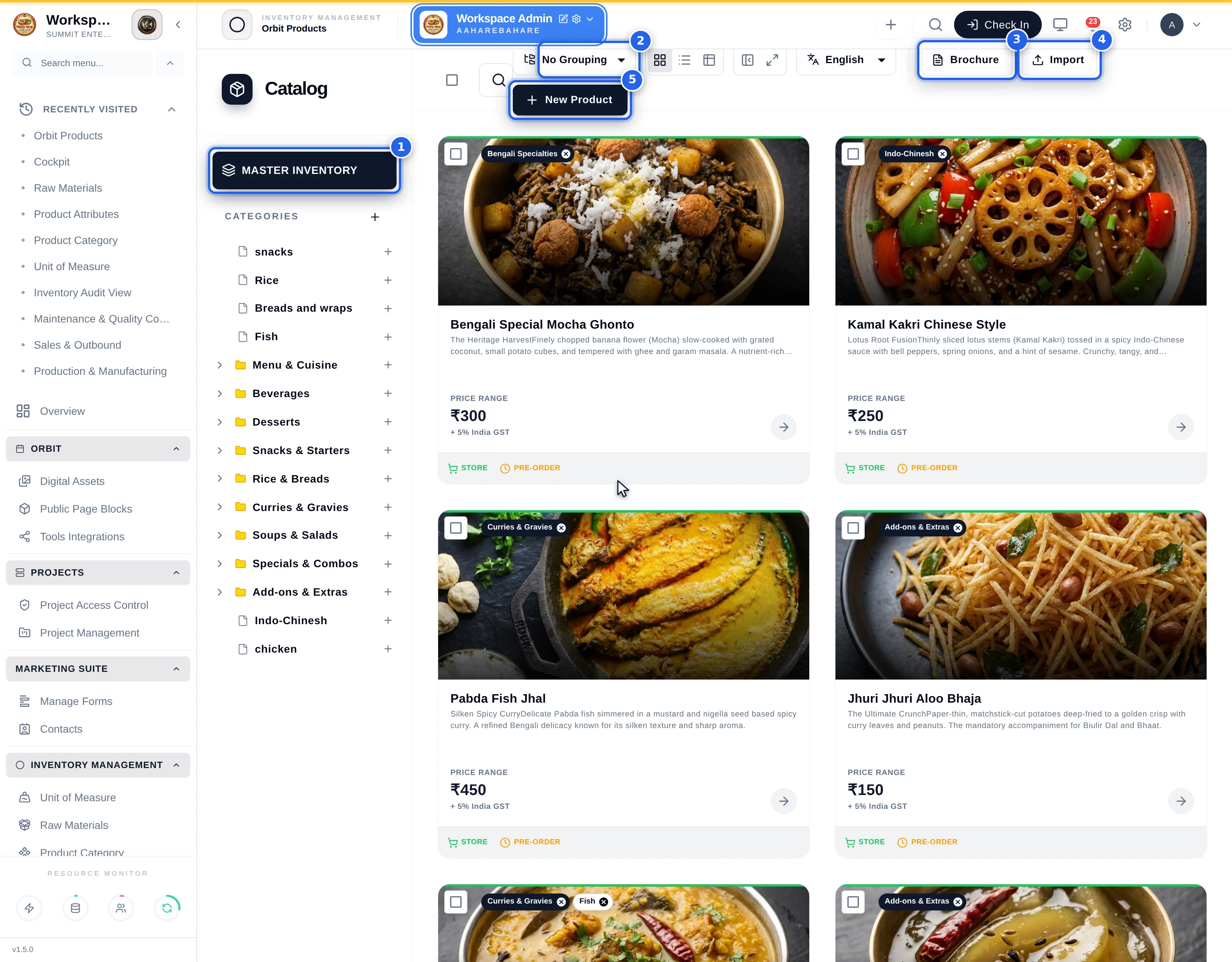 The product catalogue in card view showing product cards with hero images, price ranges, tax lines and STORE / PRE-ORDER badges, with the category rail on the left and the action cluster along the top