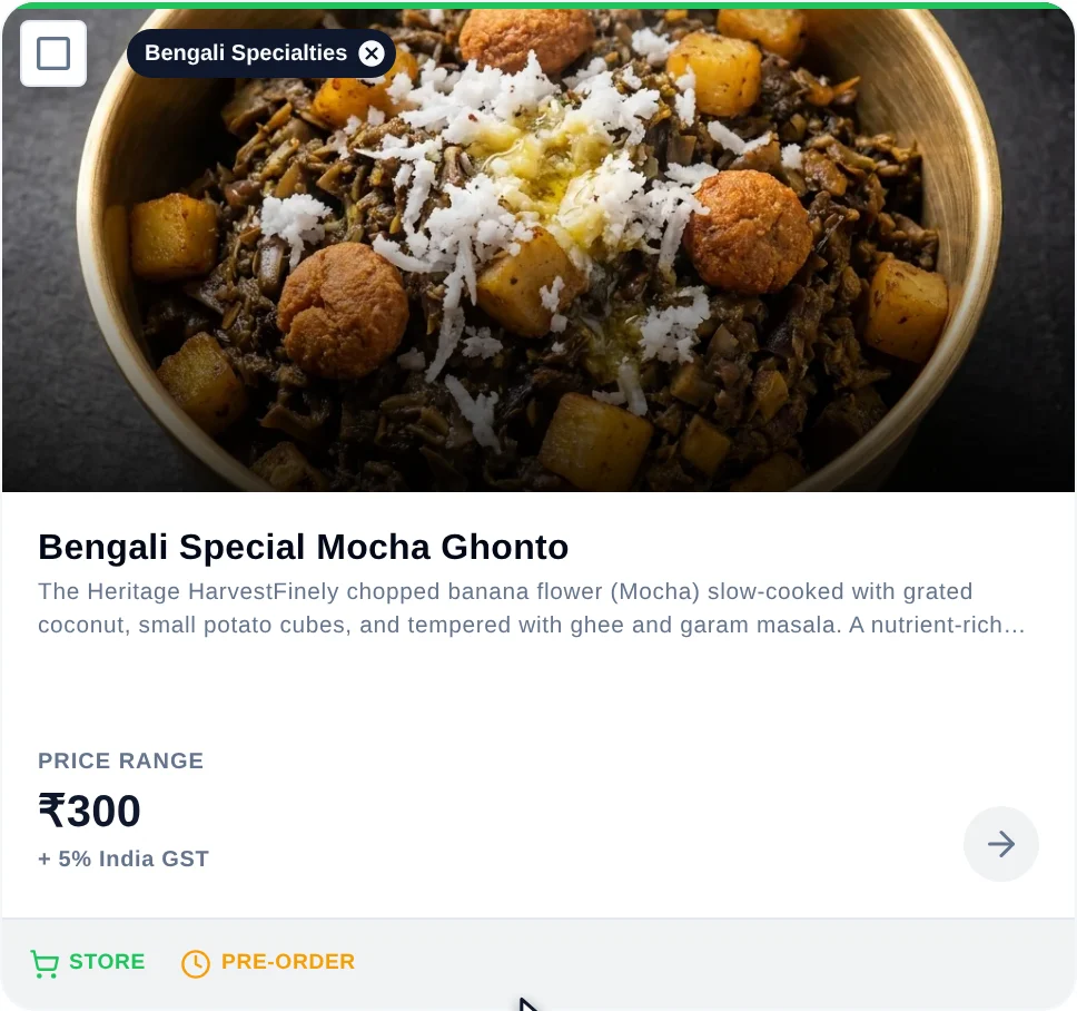 A single product card showing the hero image, name, truncated description, price range, the tax line reading '+ 5% India GST', category chips with remove crosses, and STORE and PRE-ORDER badges along the footer