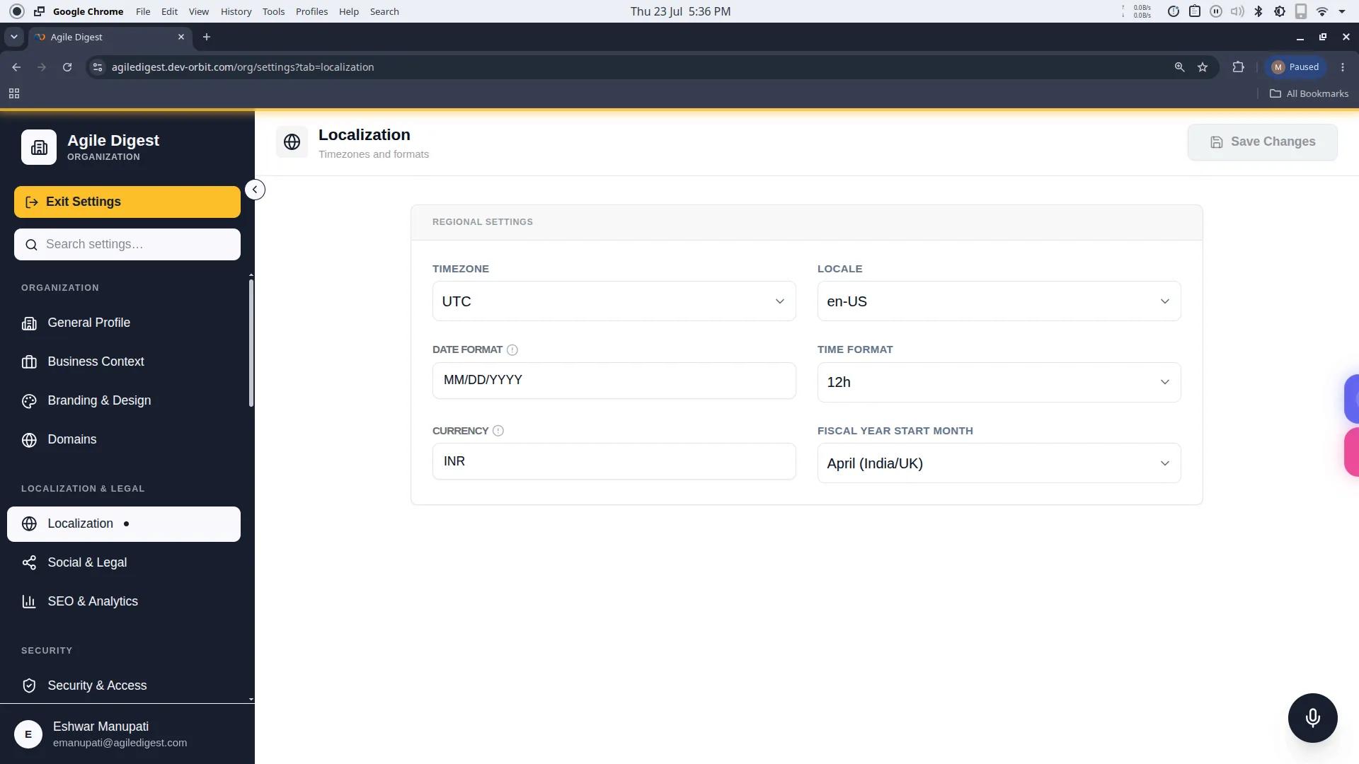 Localization Settings