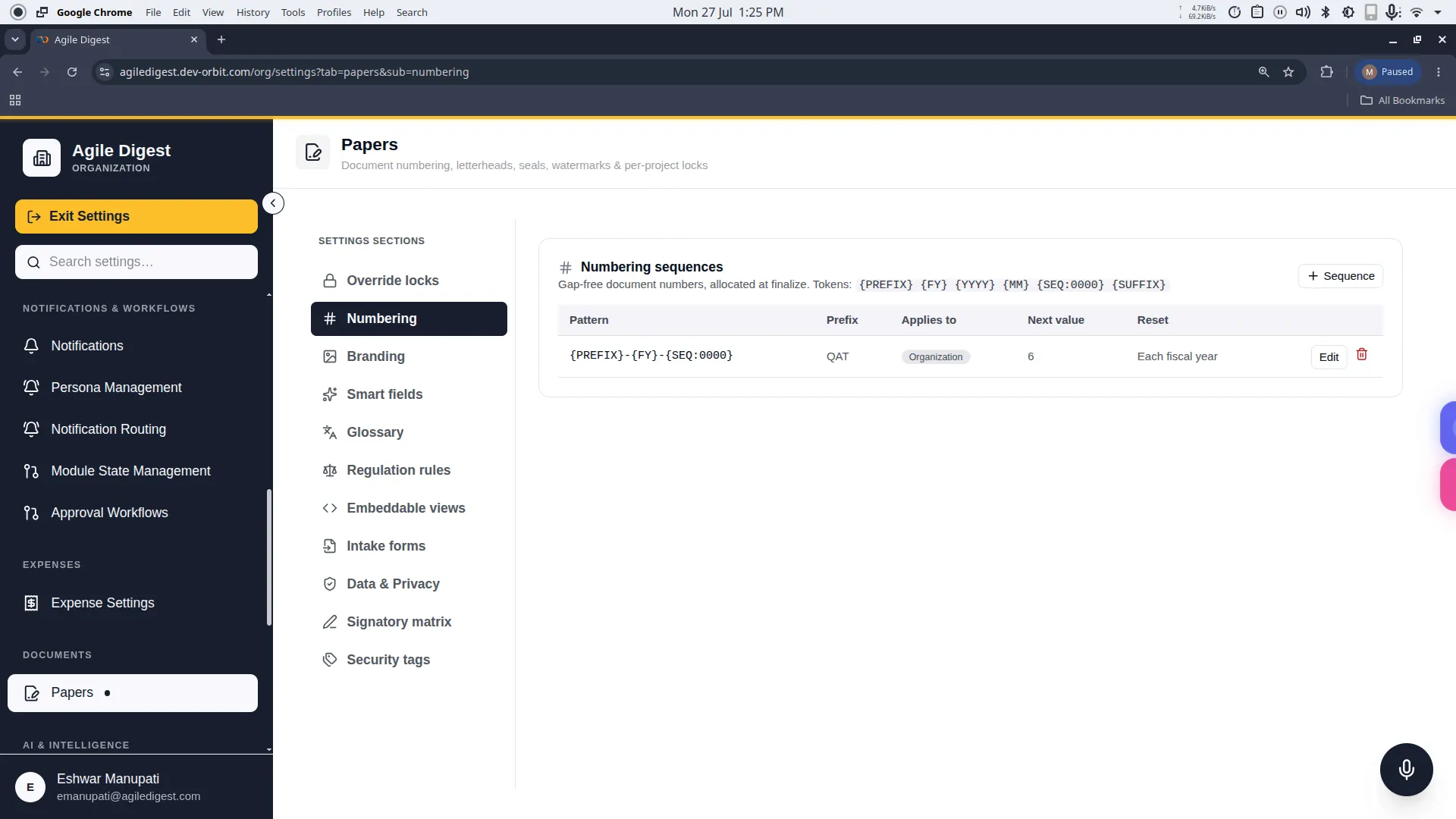 The numbering sequences list with pattern, next value and reset policy