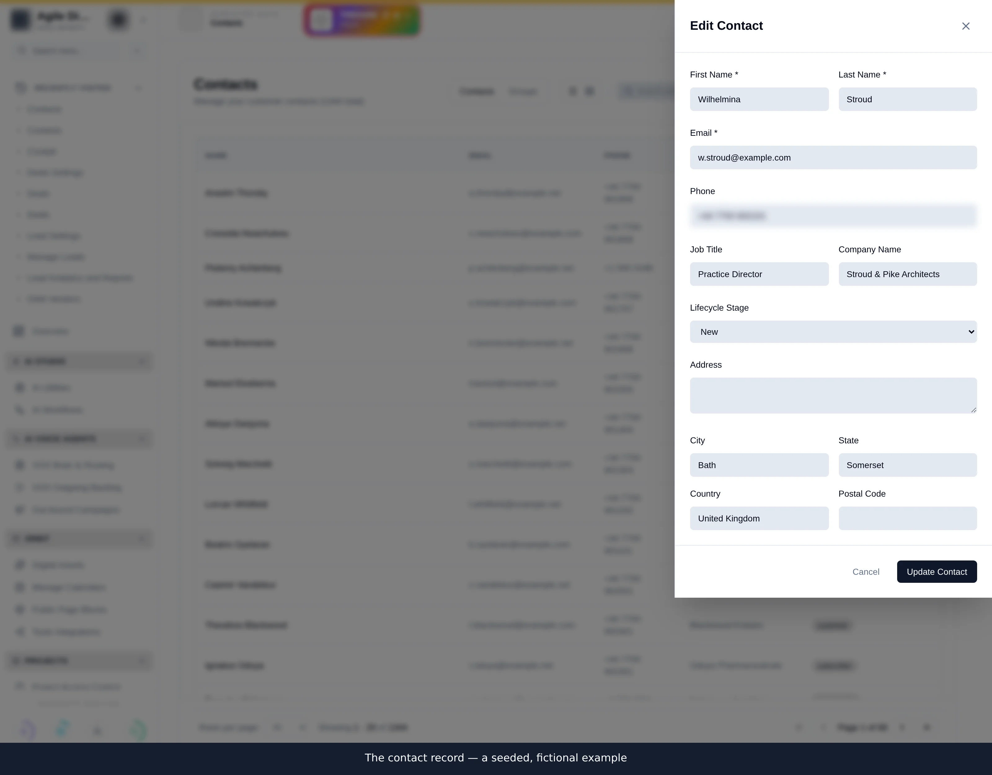 The contact record drawer showing name, email, phone, mobile, company, job title, address fields and lifecycle stage