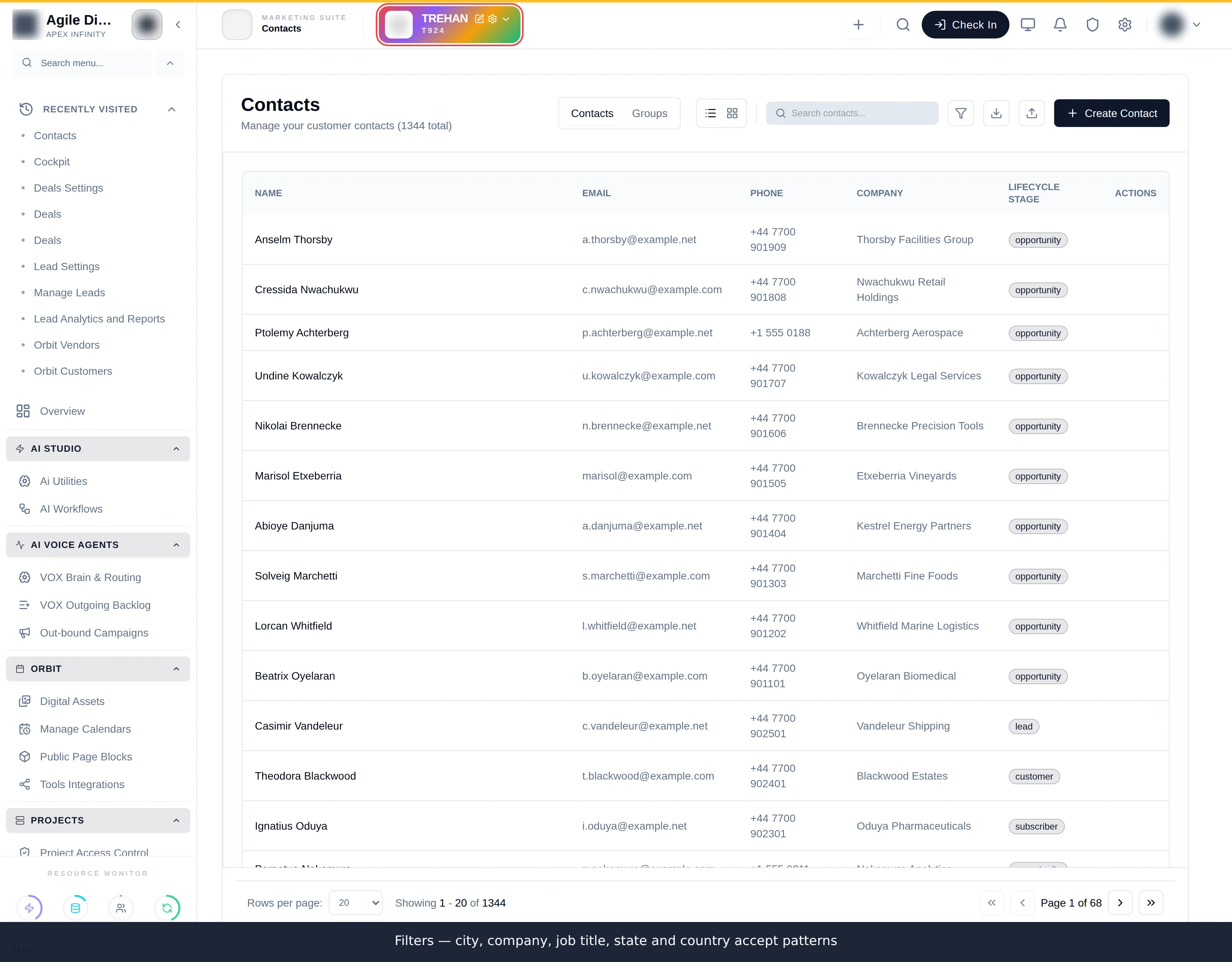 The contacts filter panel with lifecycle stage, group, city, company, job title, state and country filters