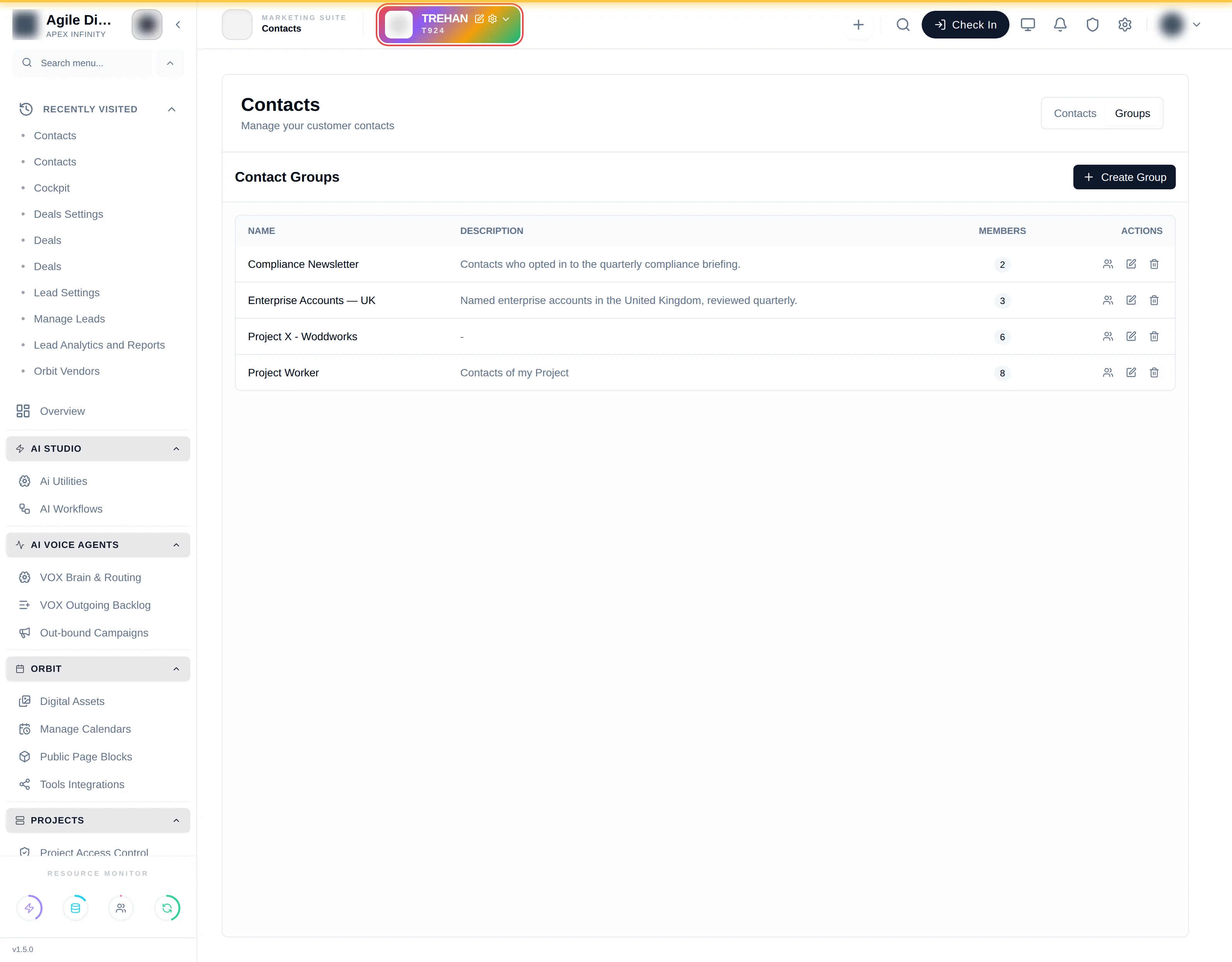 The group members manager showing current members and a picker to add contacts