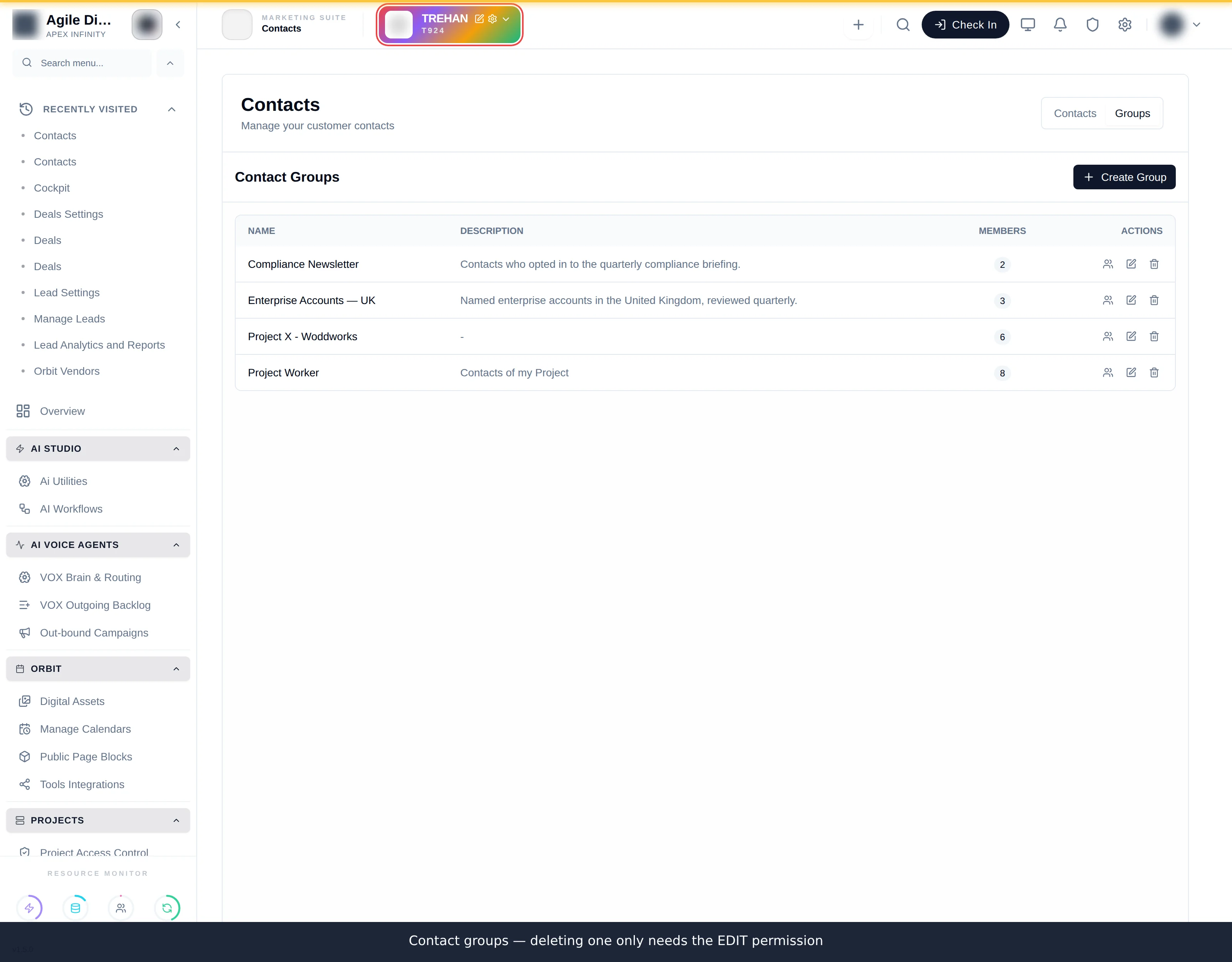 The Groups tab listing contact groups with their member counts and actions