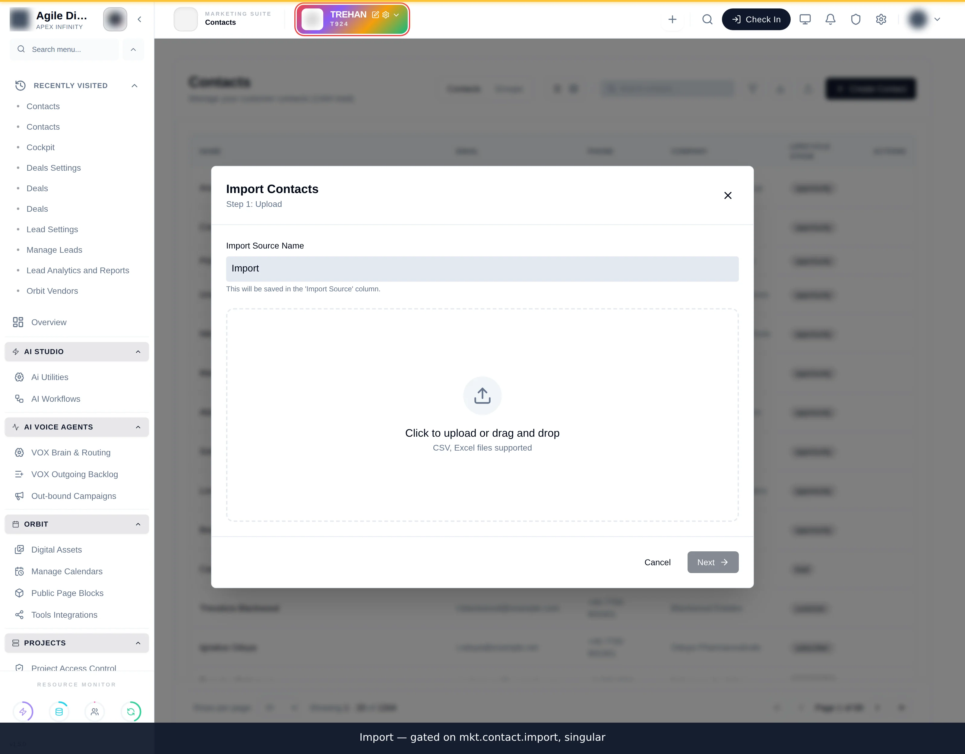 The import contacts modal with a file chooser and column mapping