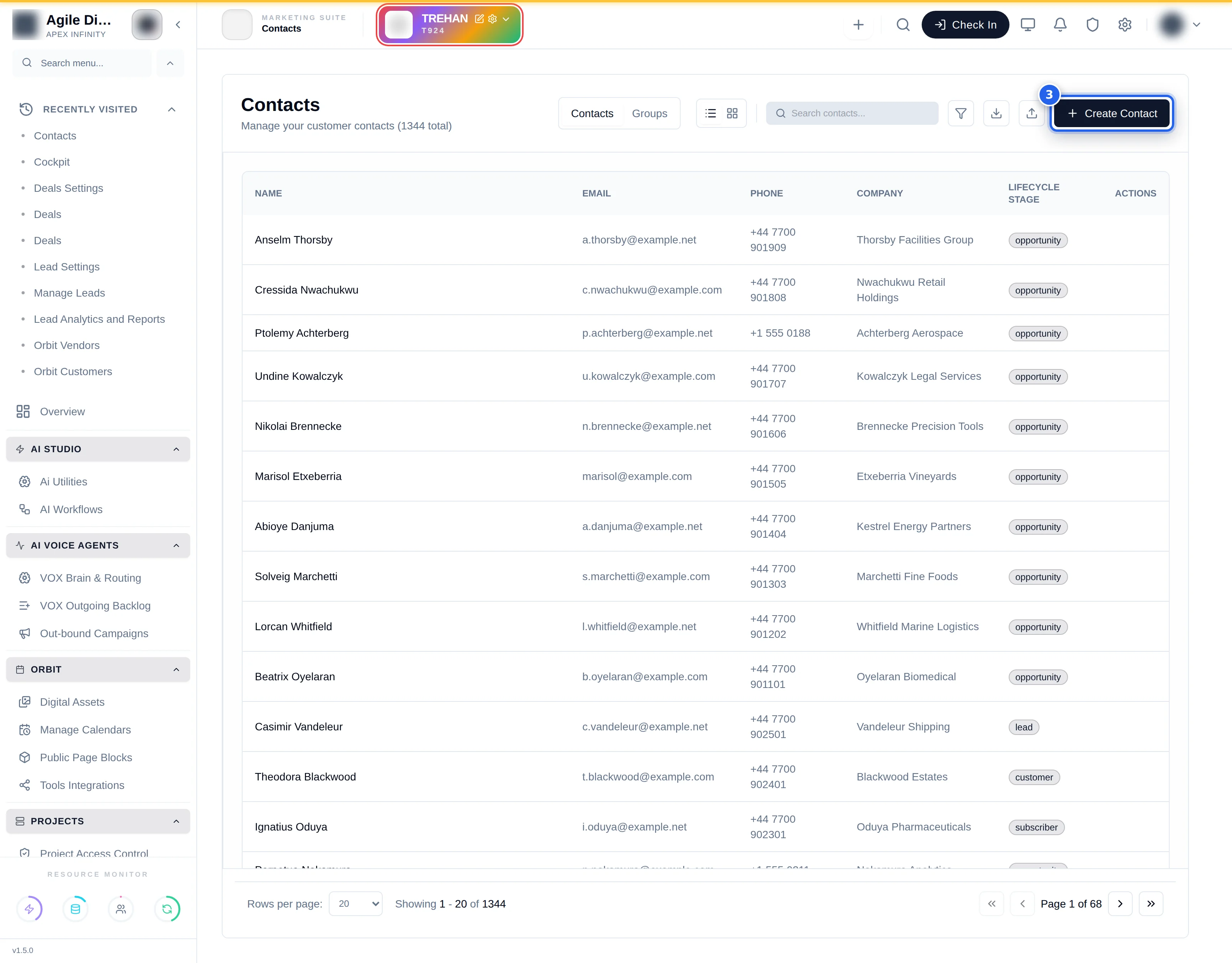The contacts list with Contacts and Groups tabs, a filter toolbar, and a table of contacts
