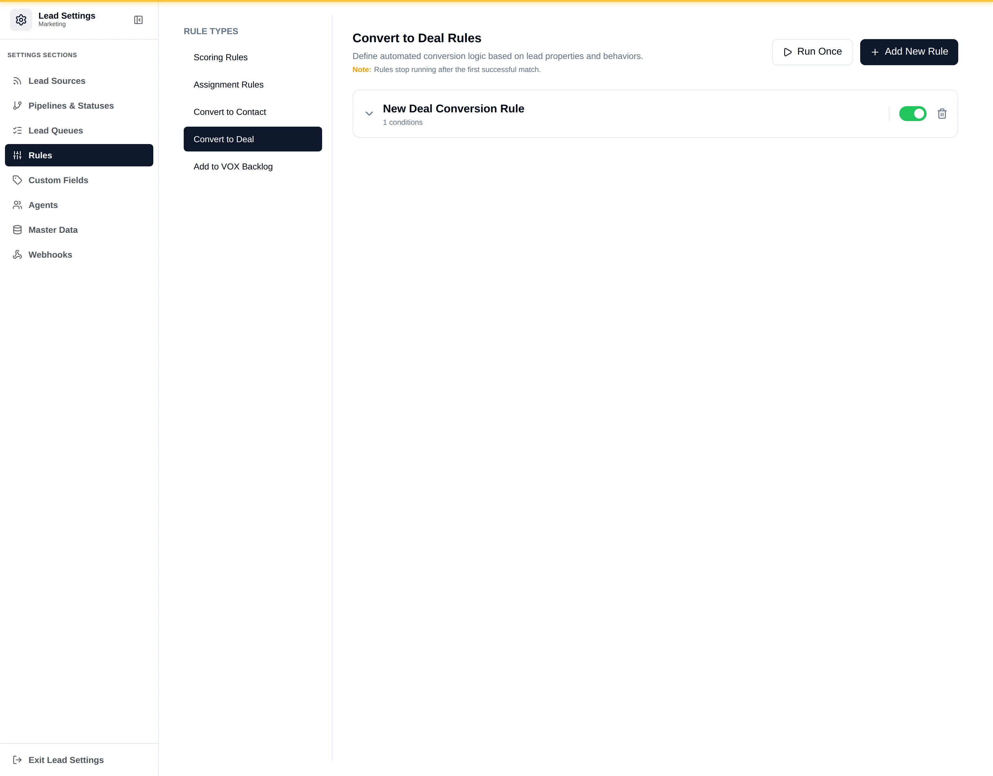 A deal conversion rule editor showing conditions and the mapping of deal title, amount, currency, pipeline and stage