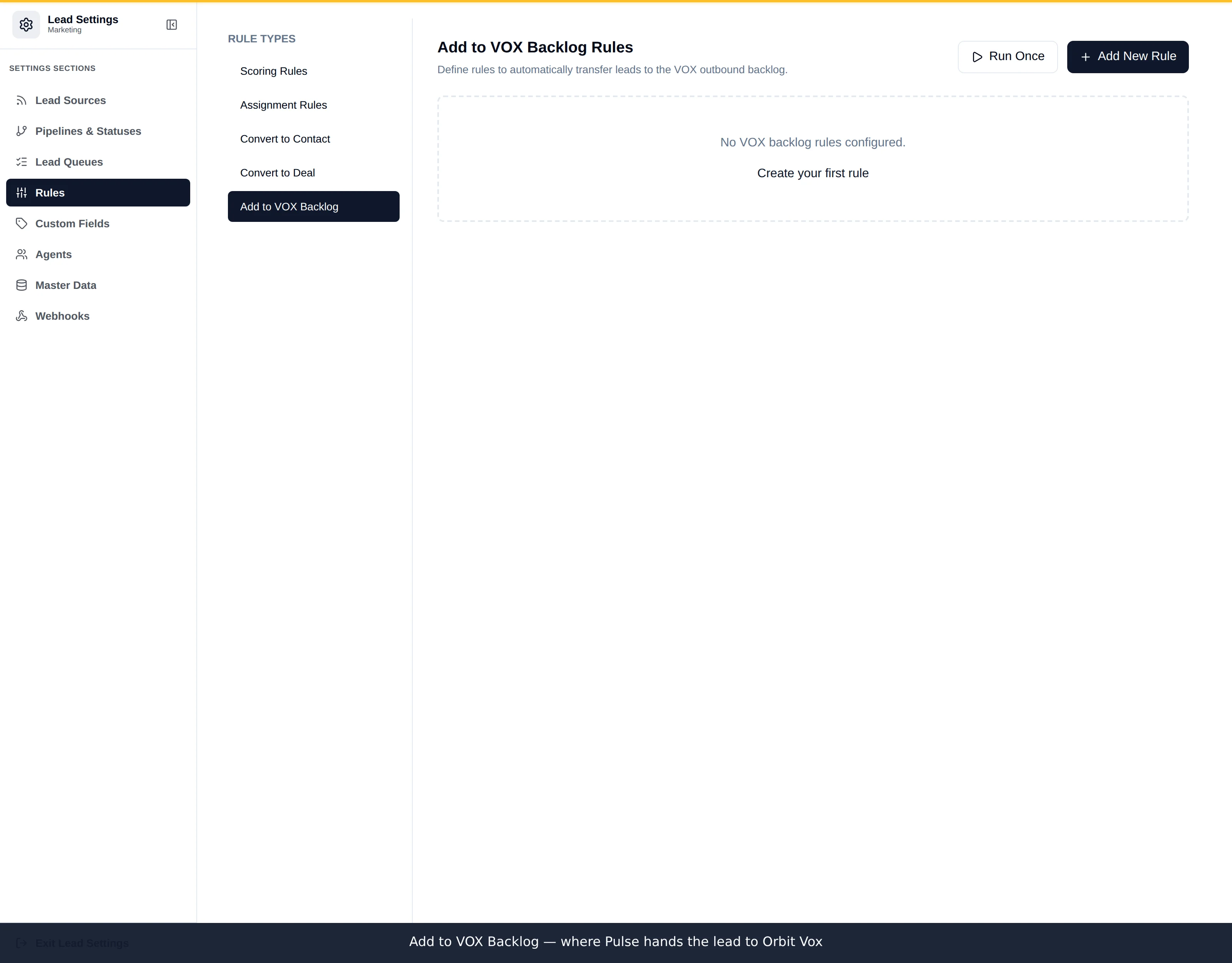 The Add to VOX Backlog rules panel showing rules with conditions and a Run action