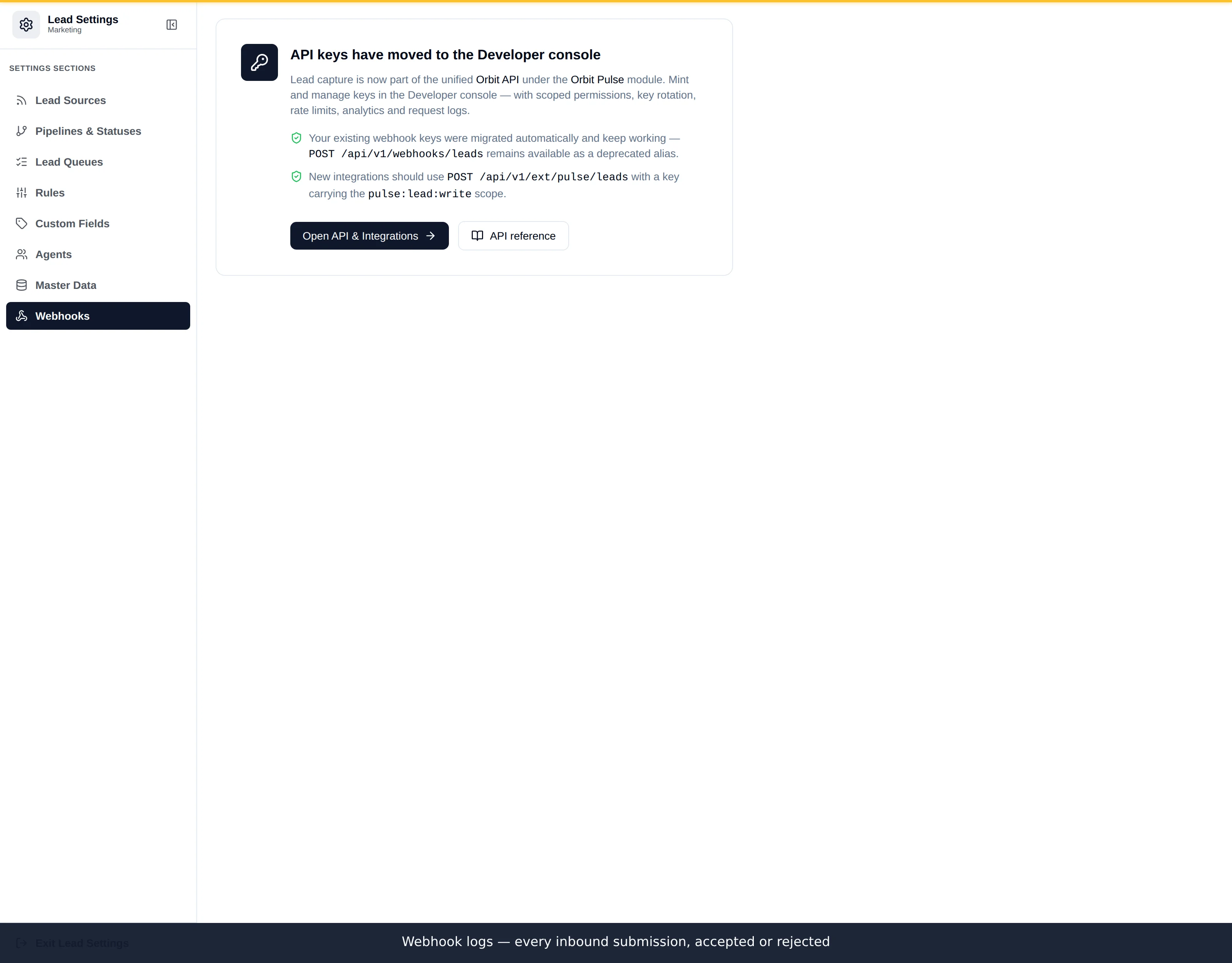 The webhook logs view listing inbound submissions with timestamp, key, status and outcome