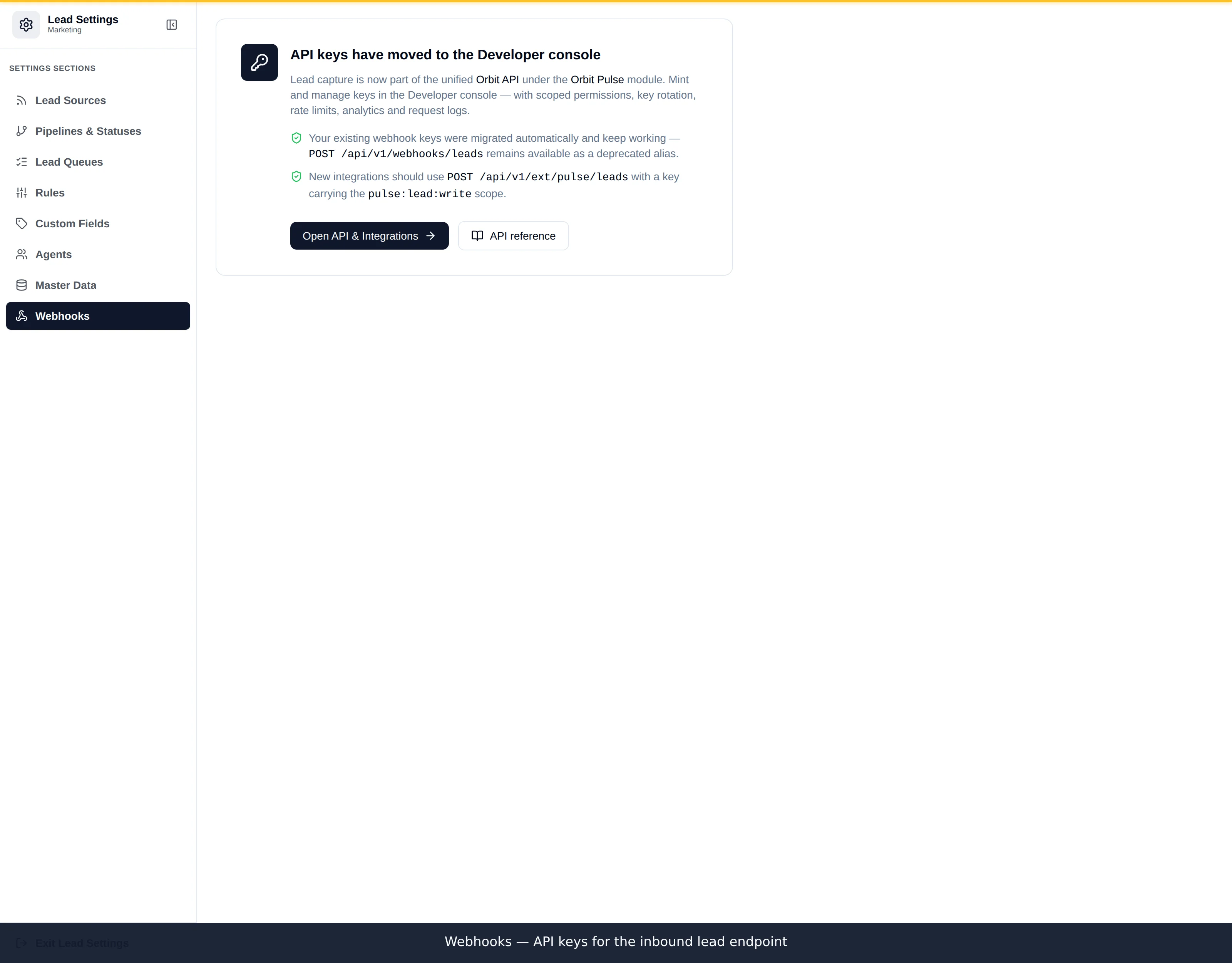 The Webhooks panel listing API keys with their status and actions to toggle or delete