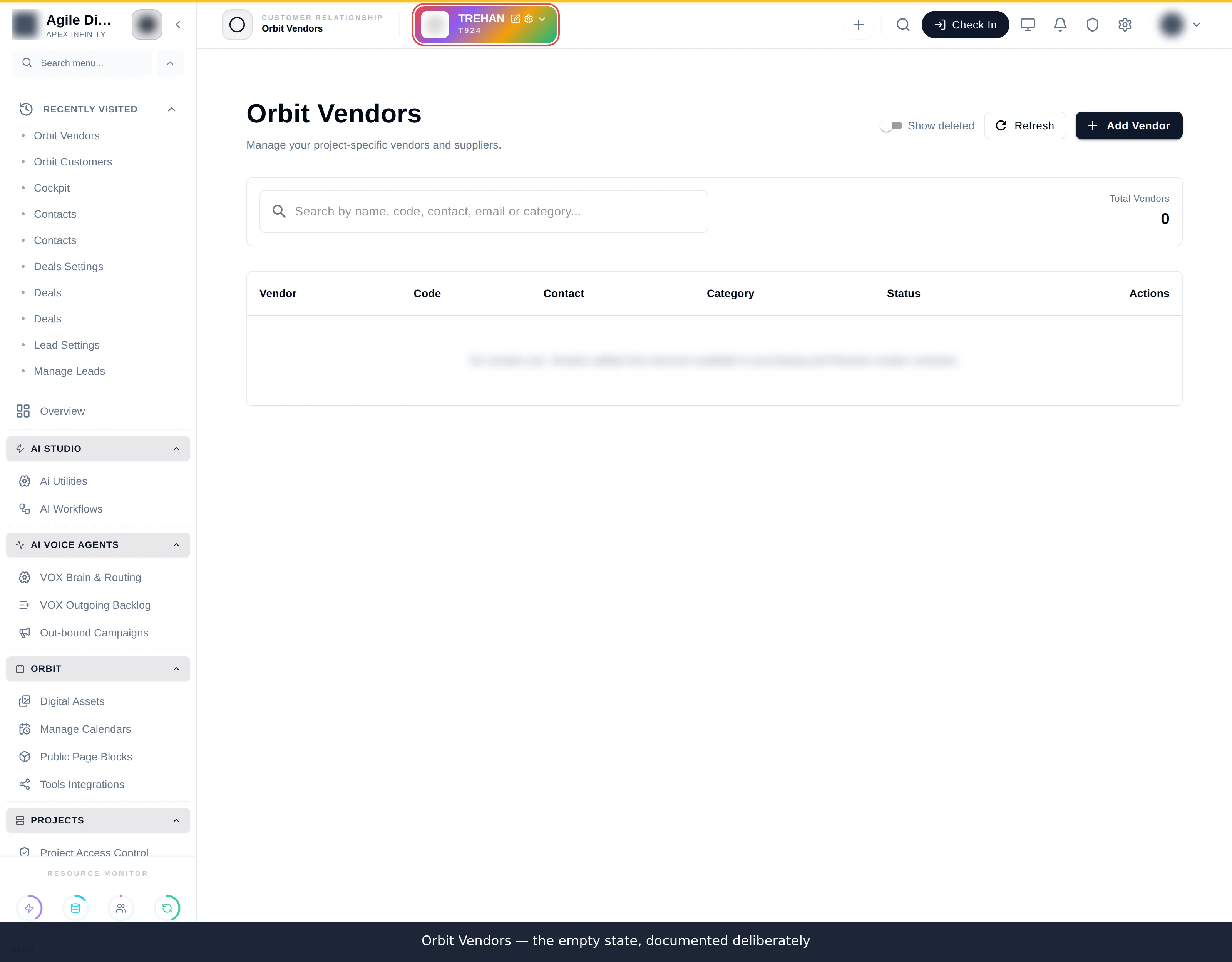The Orbit Vendors screen showing its empty state, reading that vendors added here become available to purchasing and Resolve vendor contracts