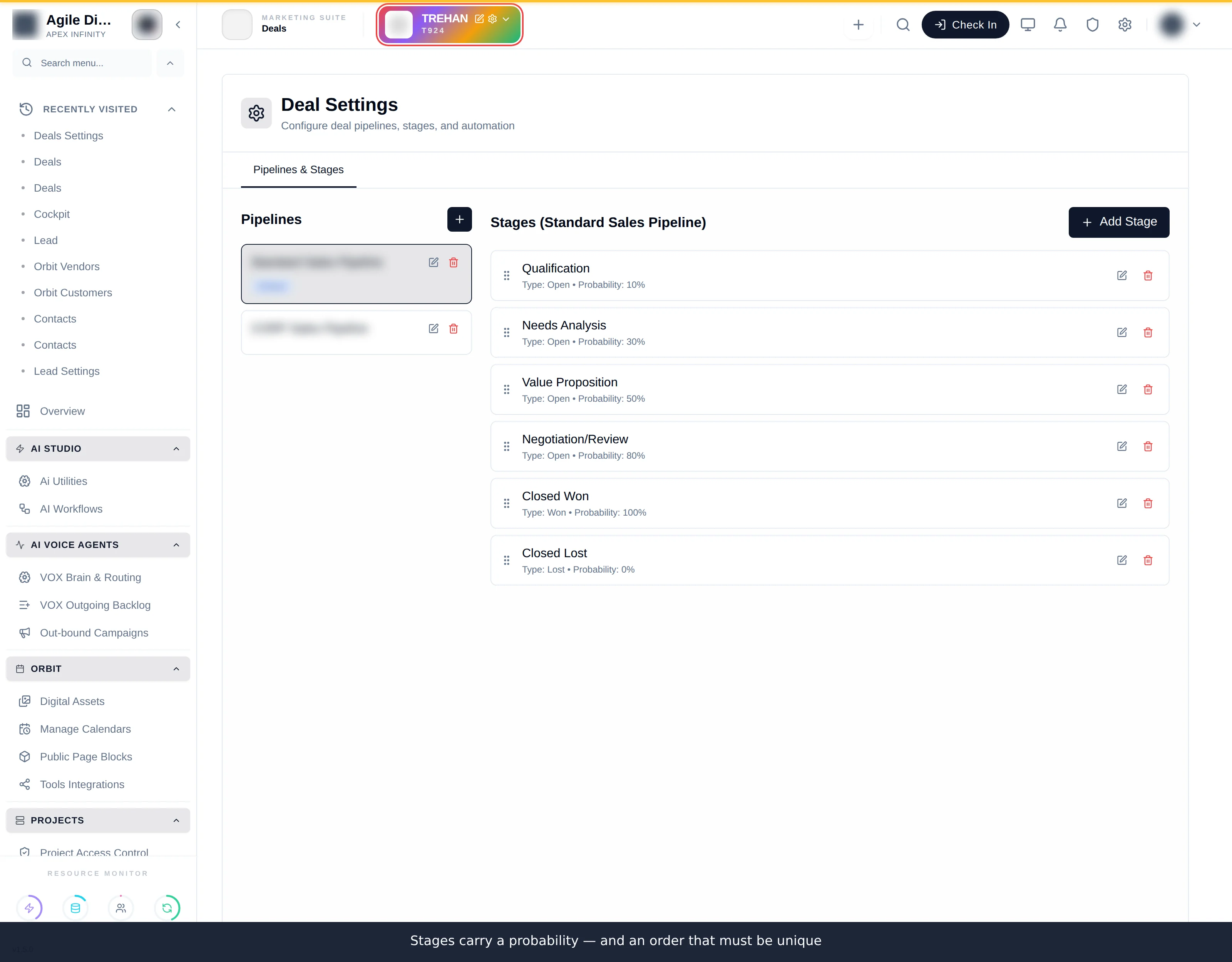 A deal pipeline's stage list showing each stage with its probability and order