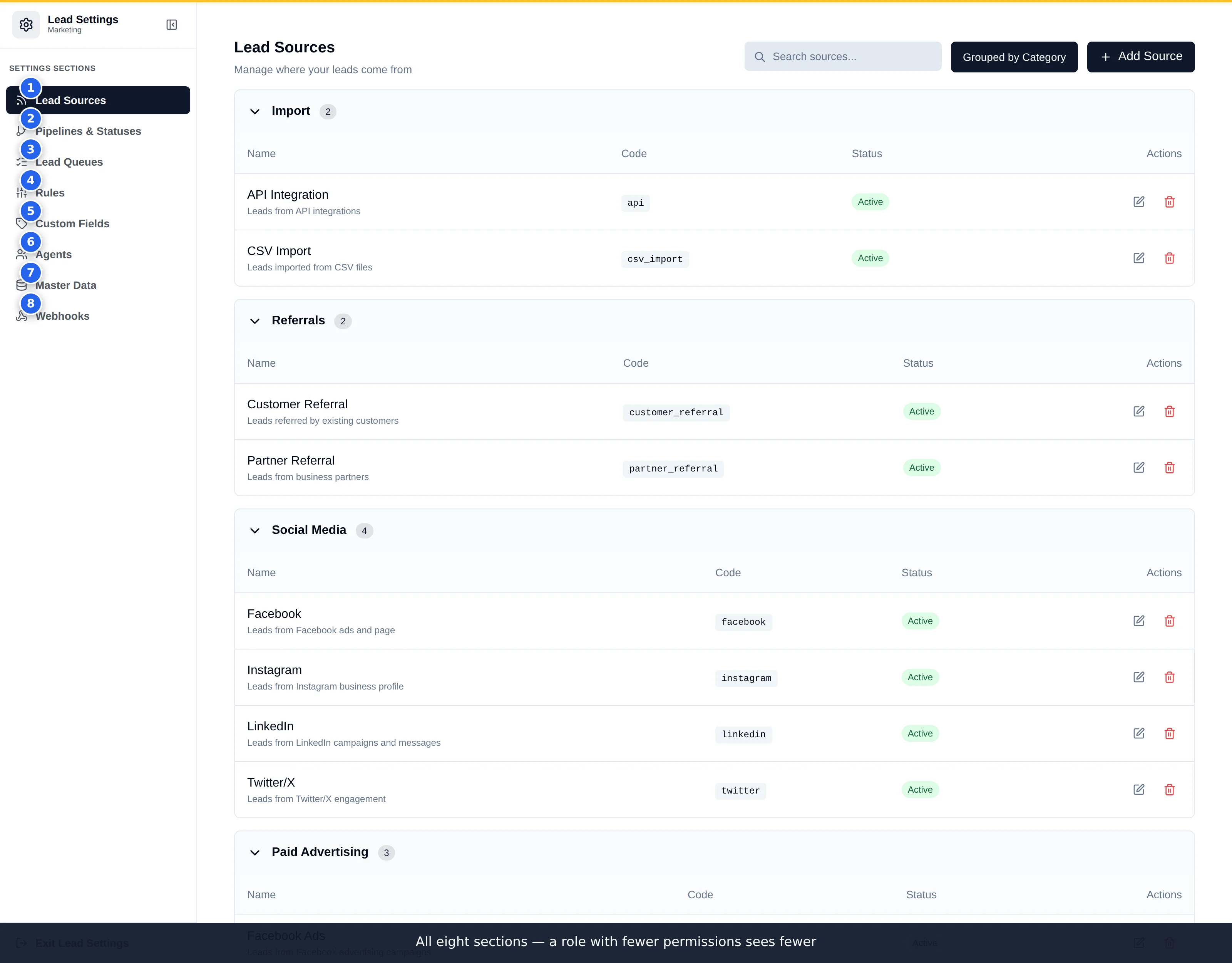 The Lead Settings hub with a left rail listing Lead Sources, Pipelines and Statuses, Lead Queues, Rules, Custom Fields, Agents, Master Data and Webhooks, and the Lead Sources panel open