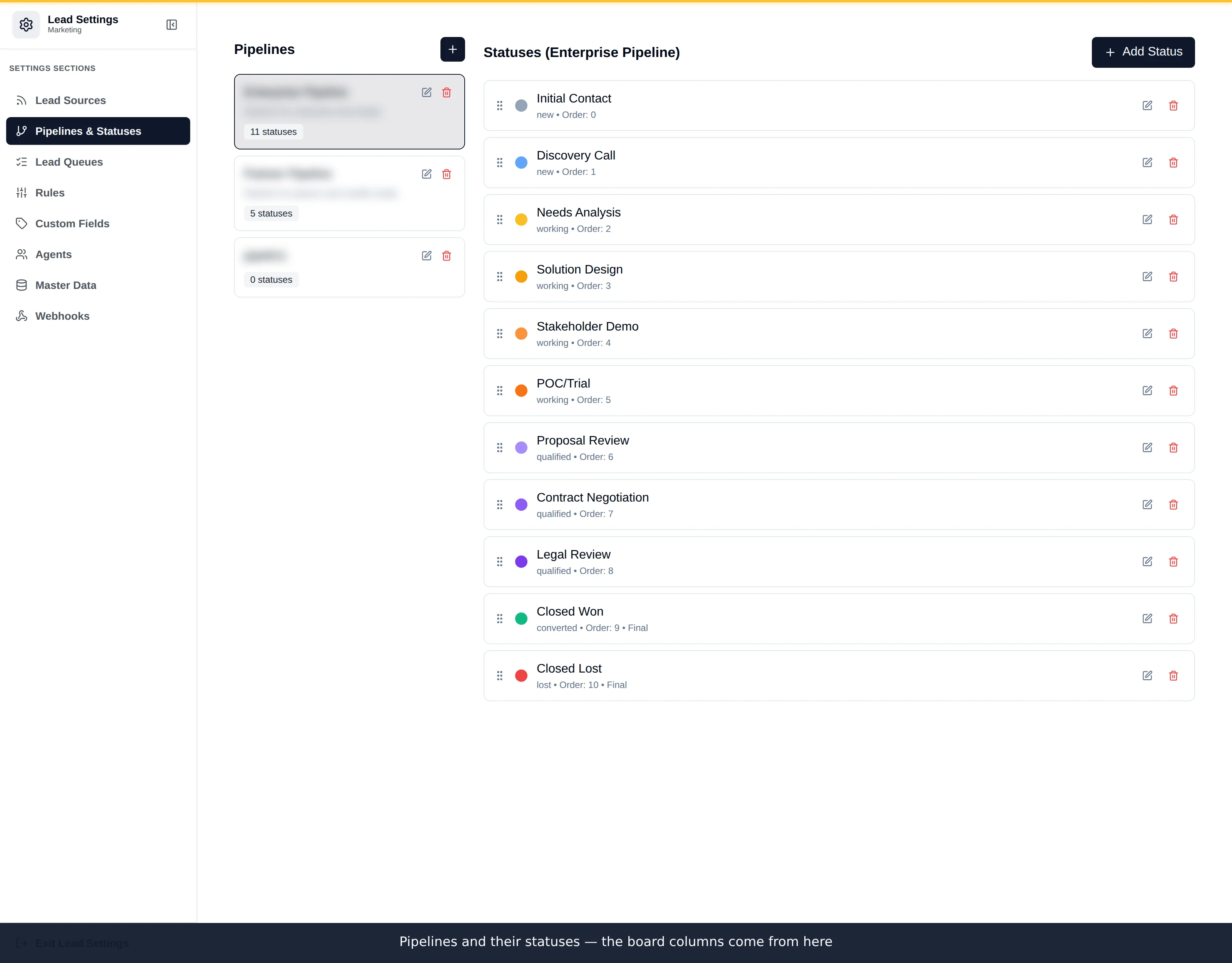 The Pipelines and Statuses panel listing pipelines with their status counts