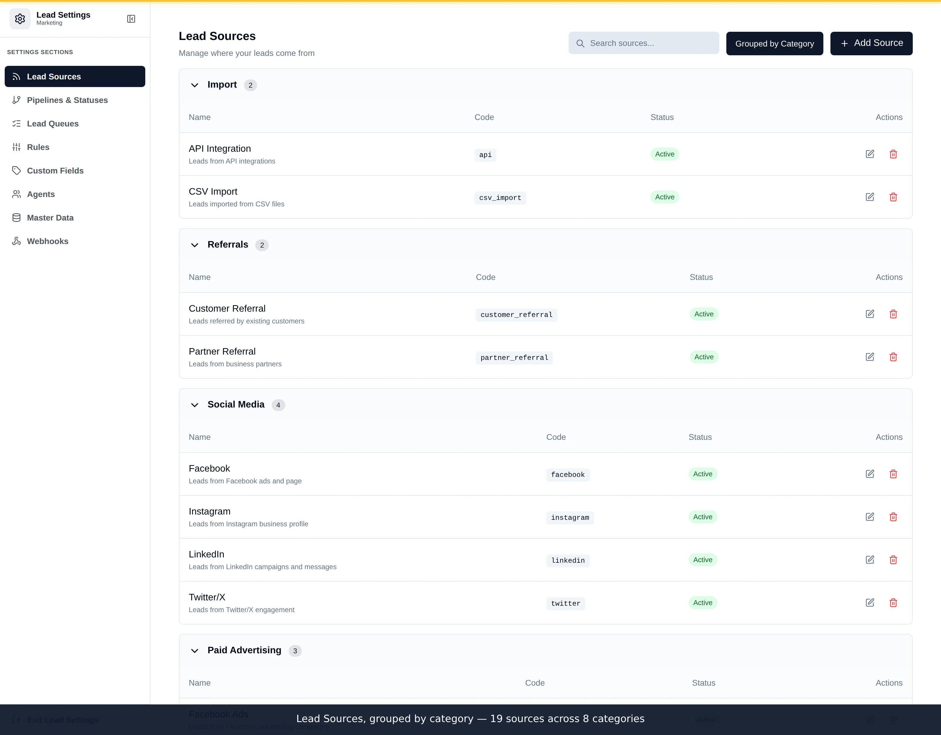 The Lead Sources panel showing sources grouped under Import, Referrals, Social Media and Paid Advertising headings, each row with name, code, Active status and edit and delete actions