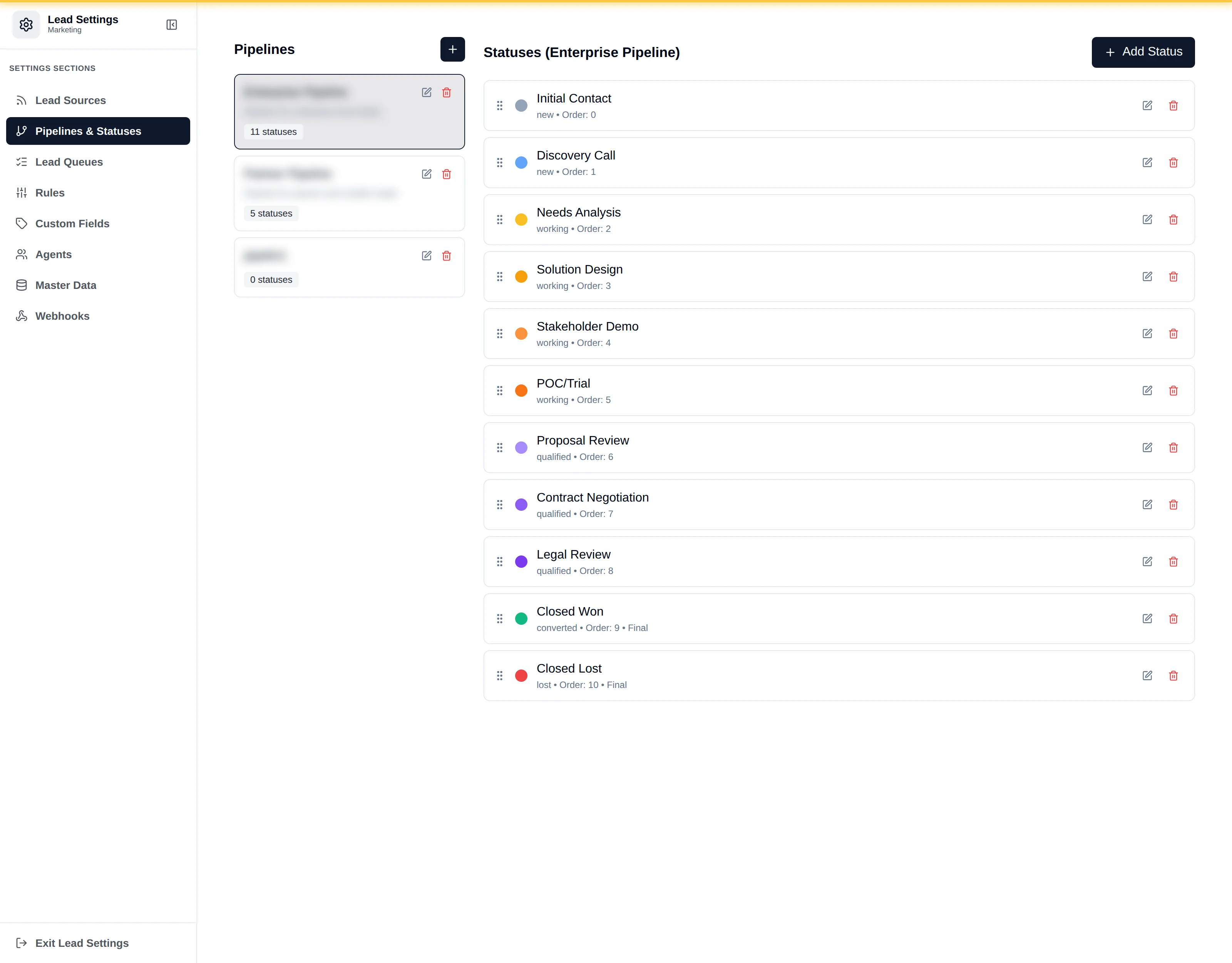 A pipeline's status list showing each status with its code, category, colour and order
