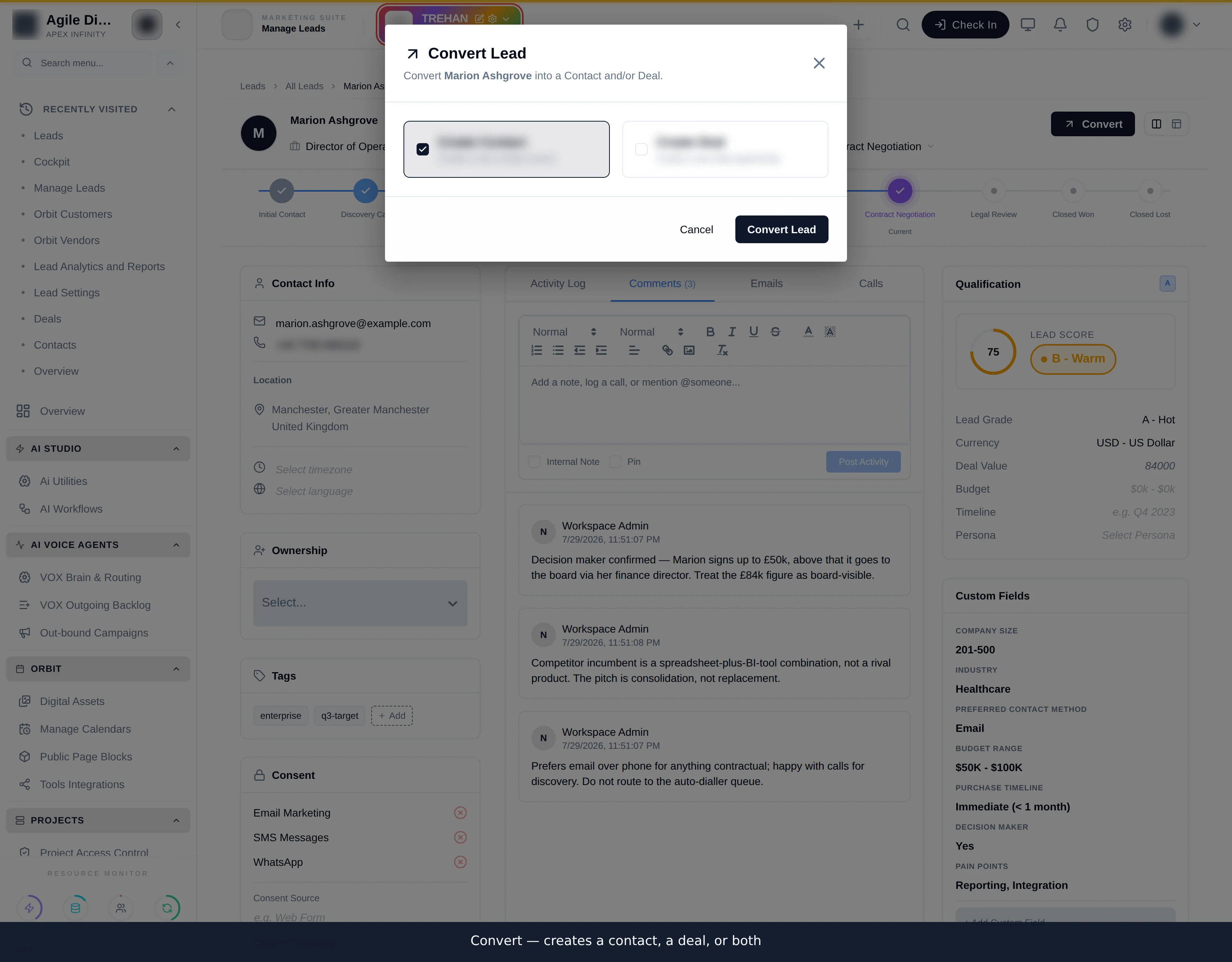 The Convert dialog offering create contact and create deal options with deal title, amount, currency, pipeline and stage fields