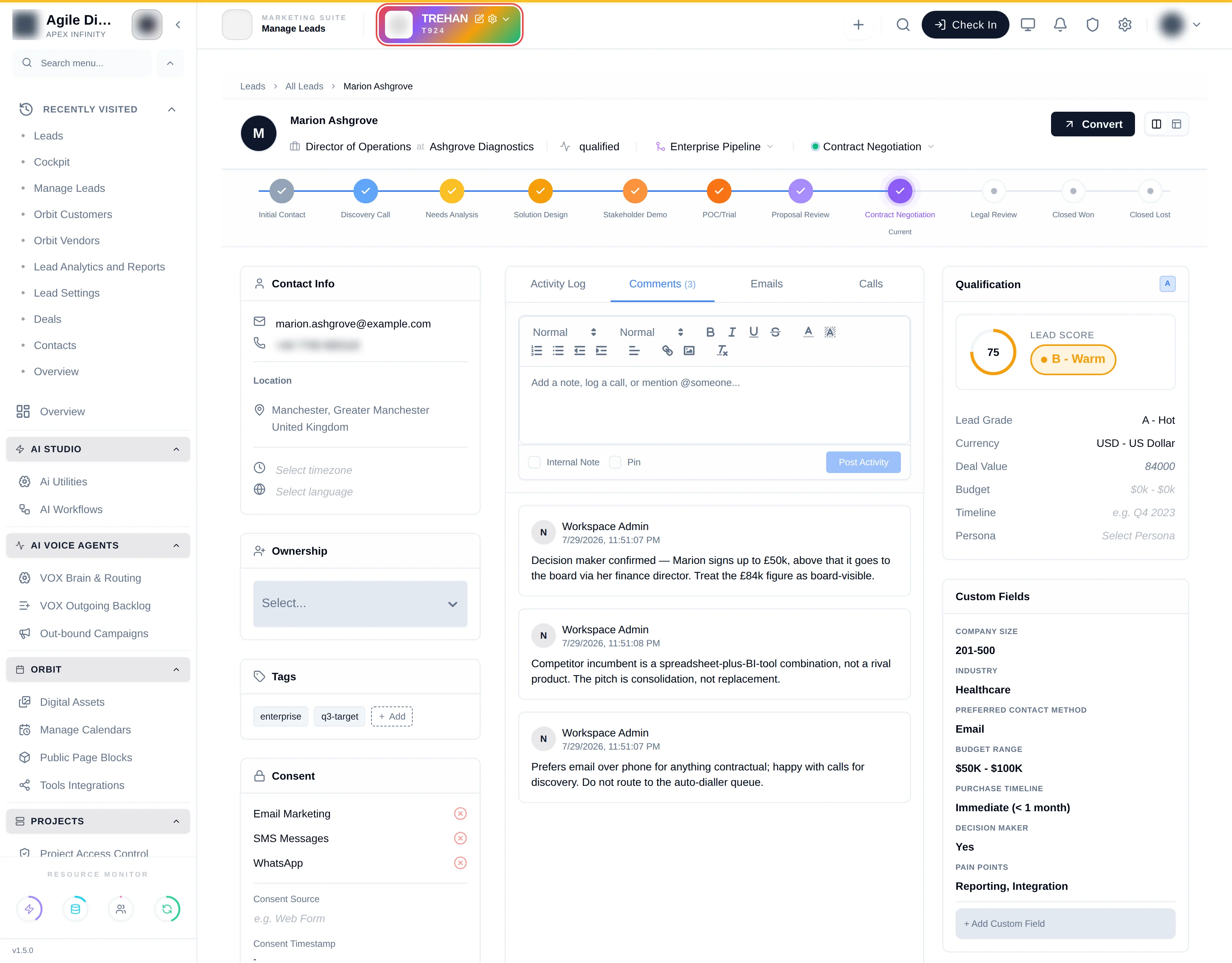 The Custom Fields panel showing company size, industry, preferred contact method, budget range, purchase timeline, decision maker and pain points