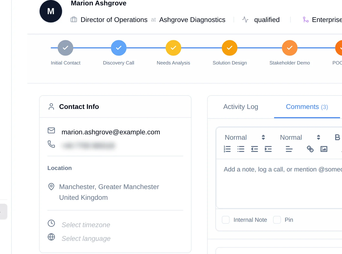 The Contact Info panel of a lead showing email, phone, location, timezone and language fields