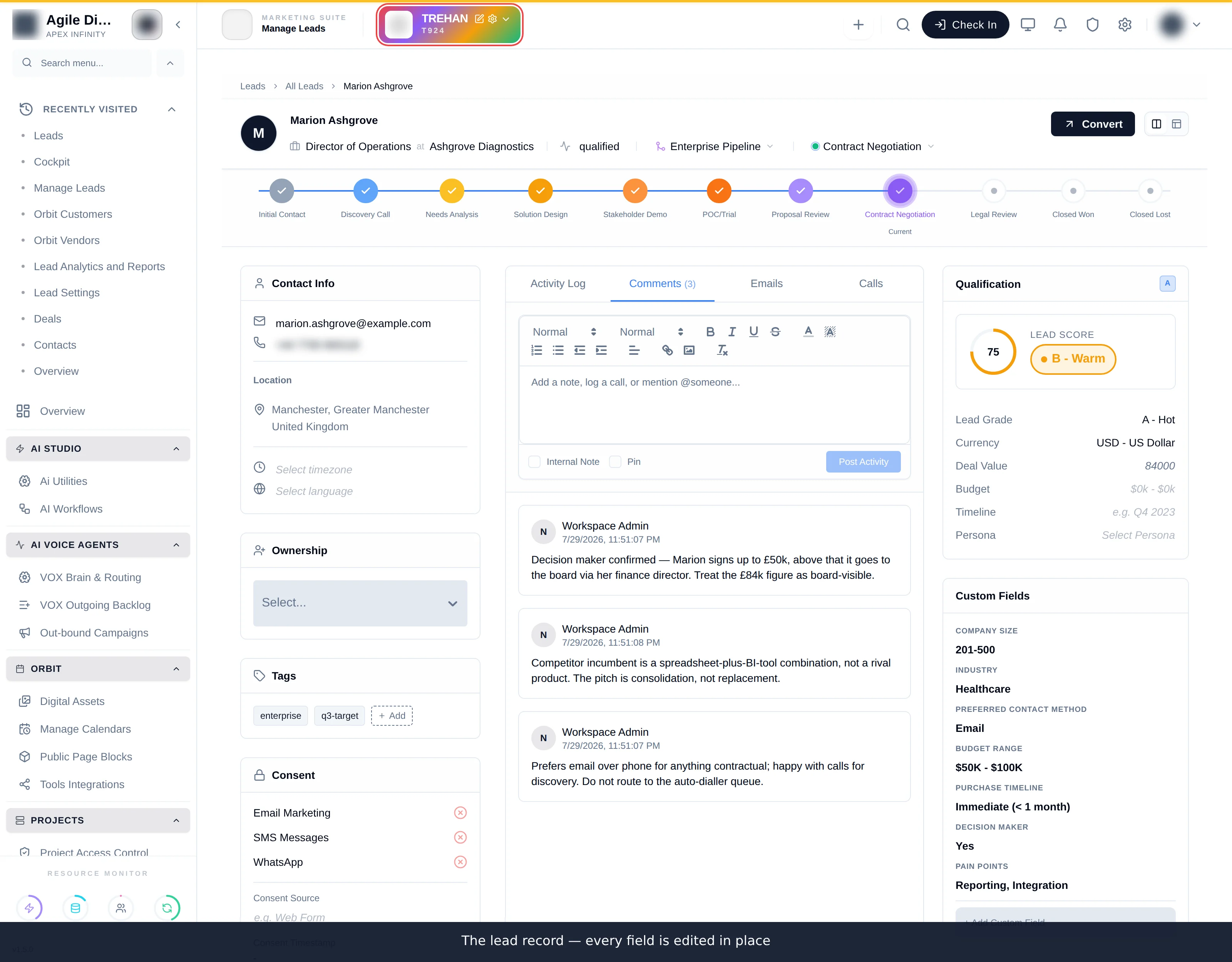 A lead record showing the pipeline status stepper across the top, Contact Info, Ownership, Tags and Consent panels on the left, an activity and comments feed in the centre, and a Qualification panel with score dial and custom fields on the right