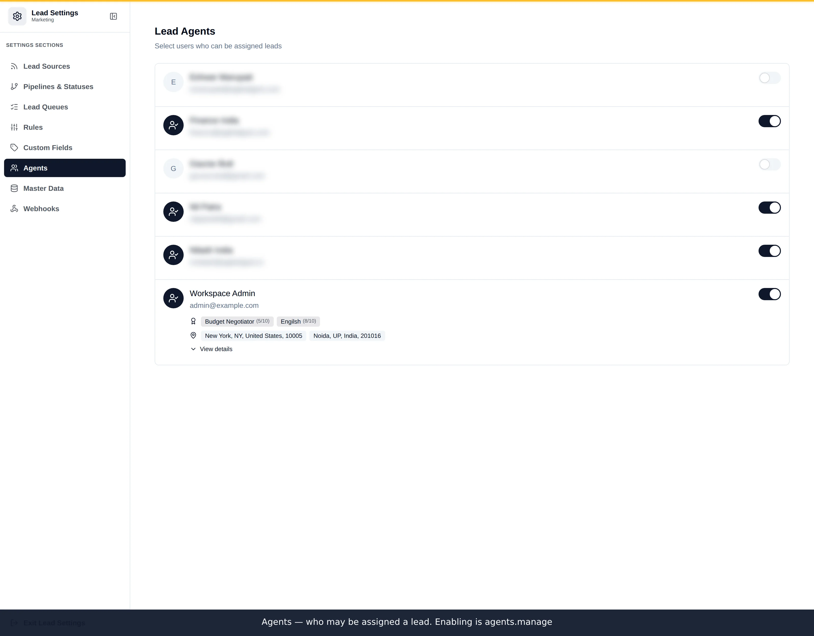 The Agents panel listing users with their availability and a toggle to enable each as a lead agent