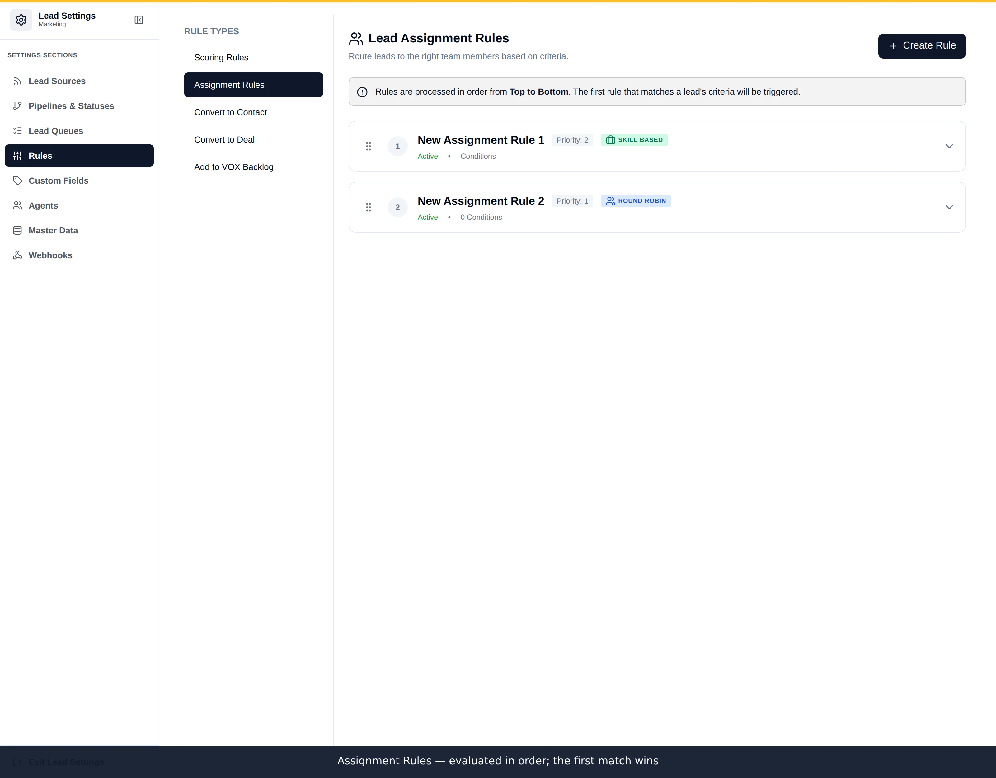The Assignment Rules panel listing ordered rules with their conditions, targets and active toggles