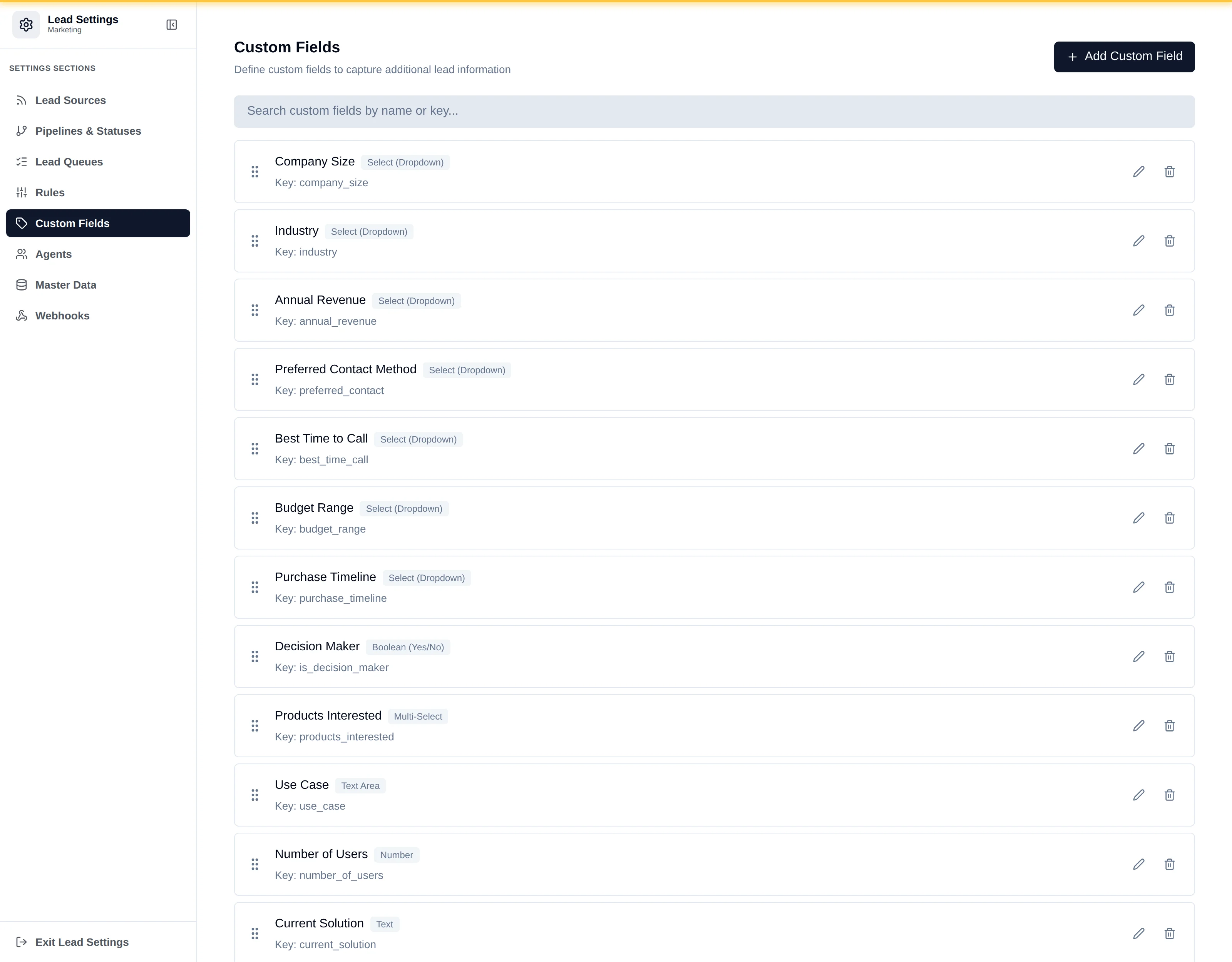 The add custom field drawer with fields for name, key, type, options and required