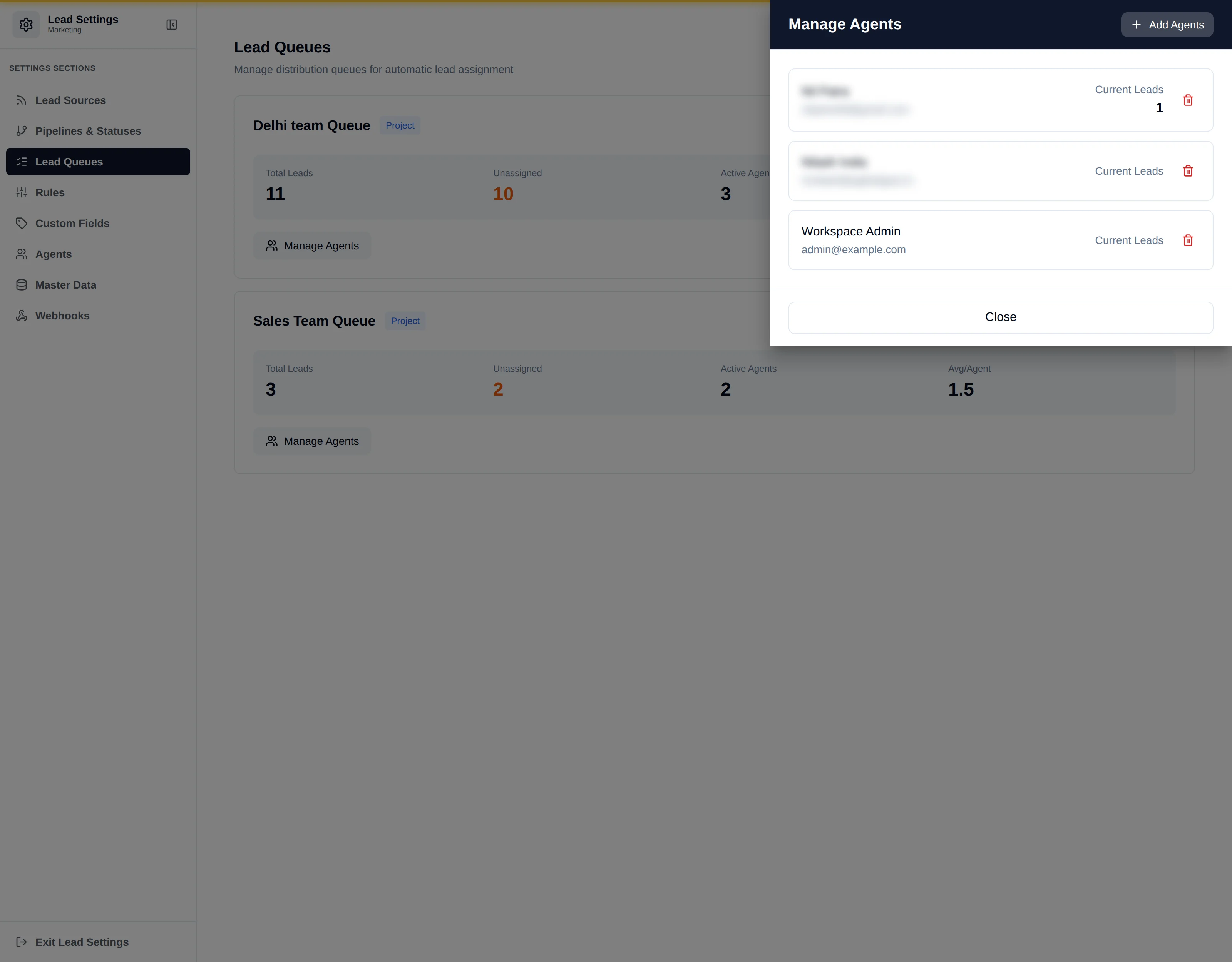 The manage agents drawer for a queue, listing users with toggles to add or remove them from the queue