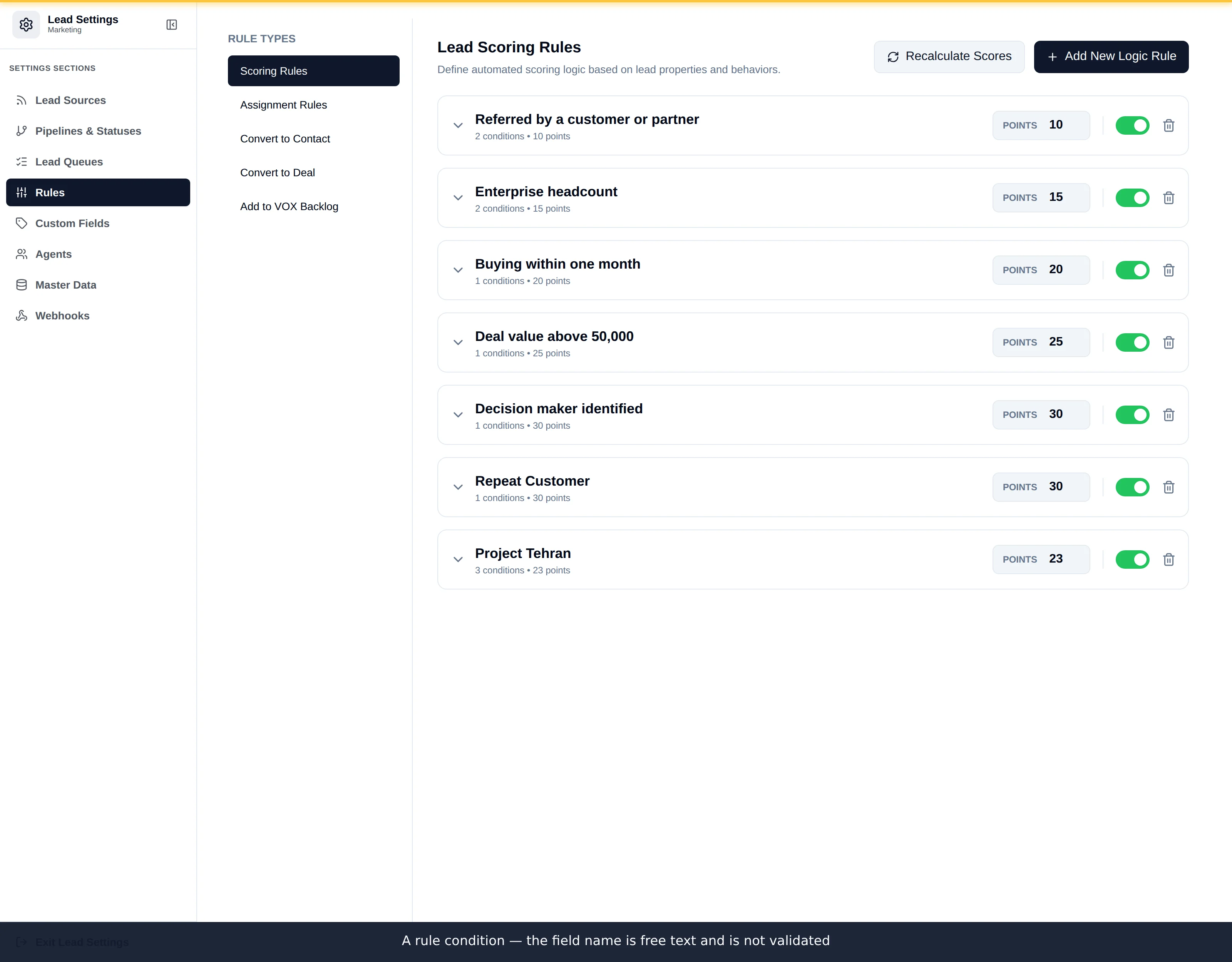 The scoring rule editor showing name, points, match type and a condition row with field, operator and value