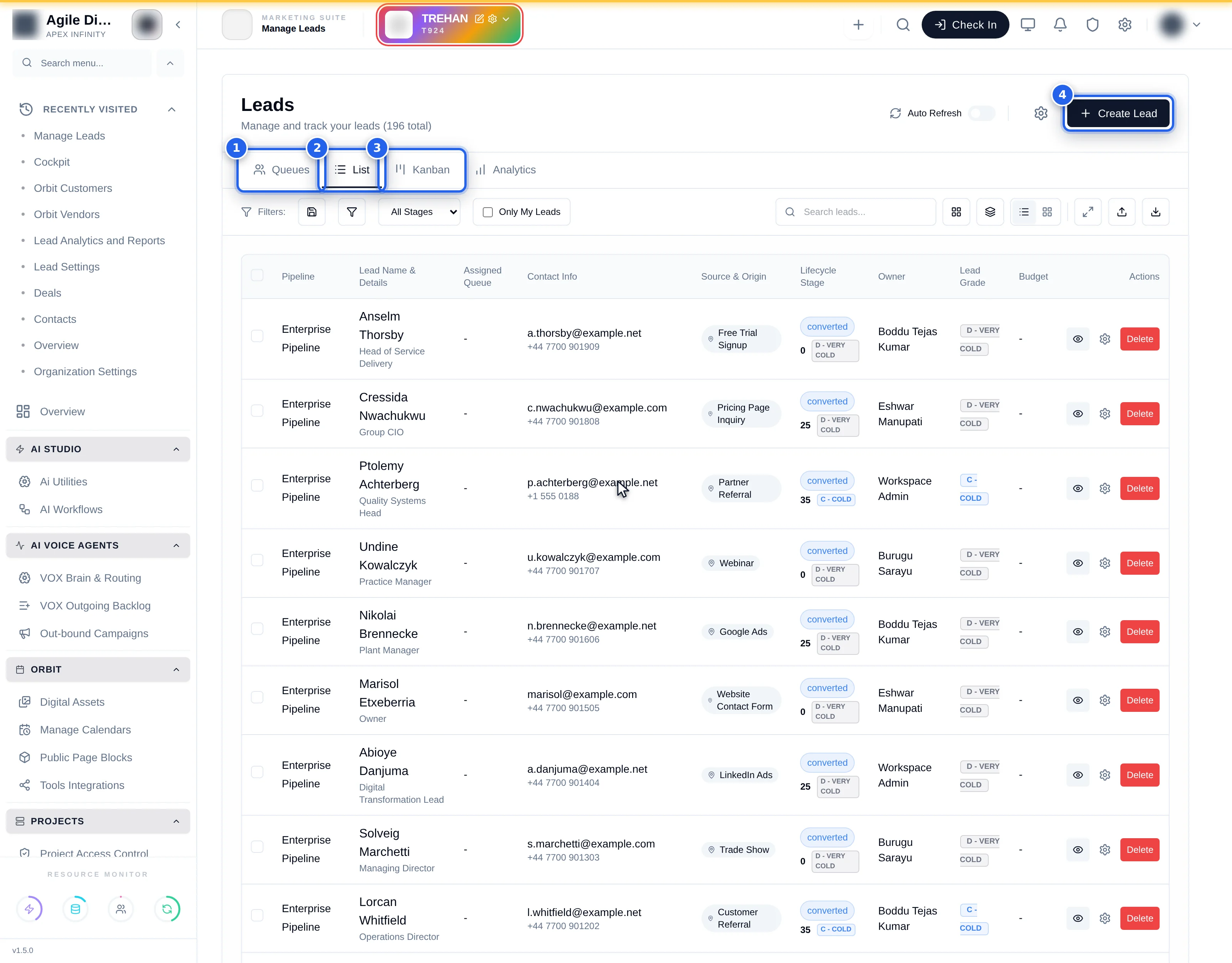 The leads list with four tabs across the top, a toolbar of filter and view controls, and a table of leads