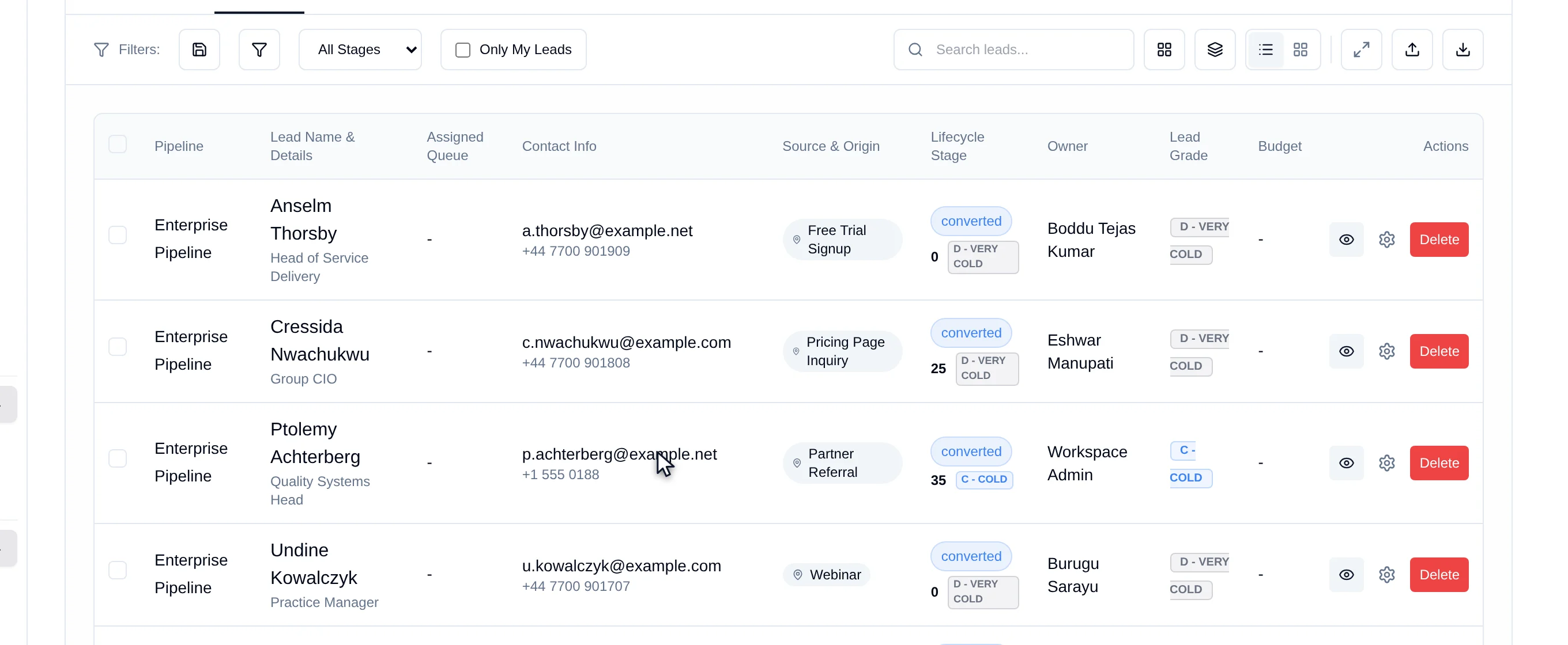 The leads table showing columns for pipeline, lead name and details, assigned queue, contact info, source and origin, lifecycle stage, owner, lead grade, budget and actions