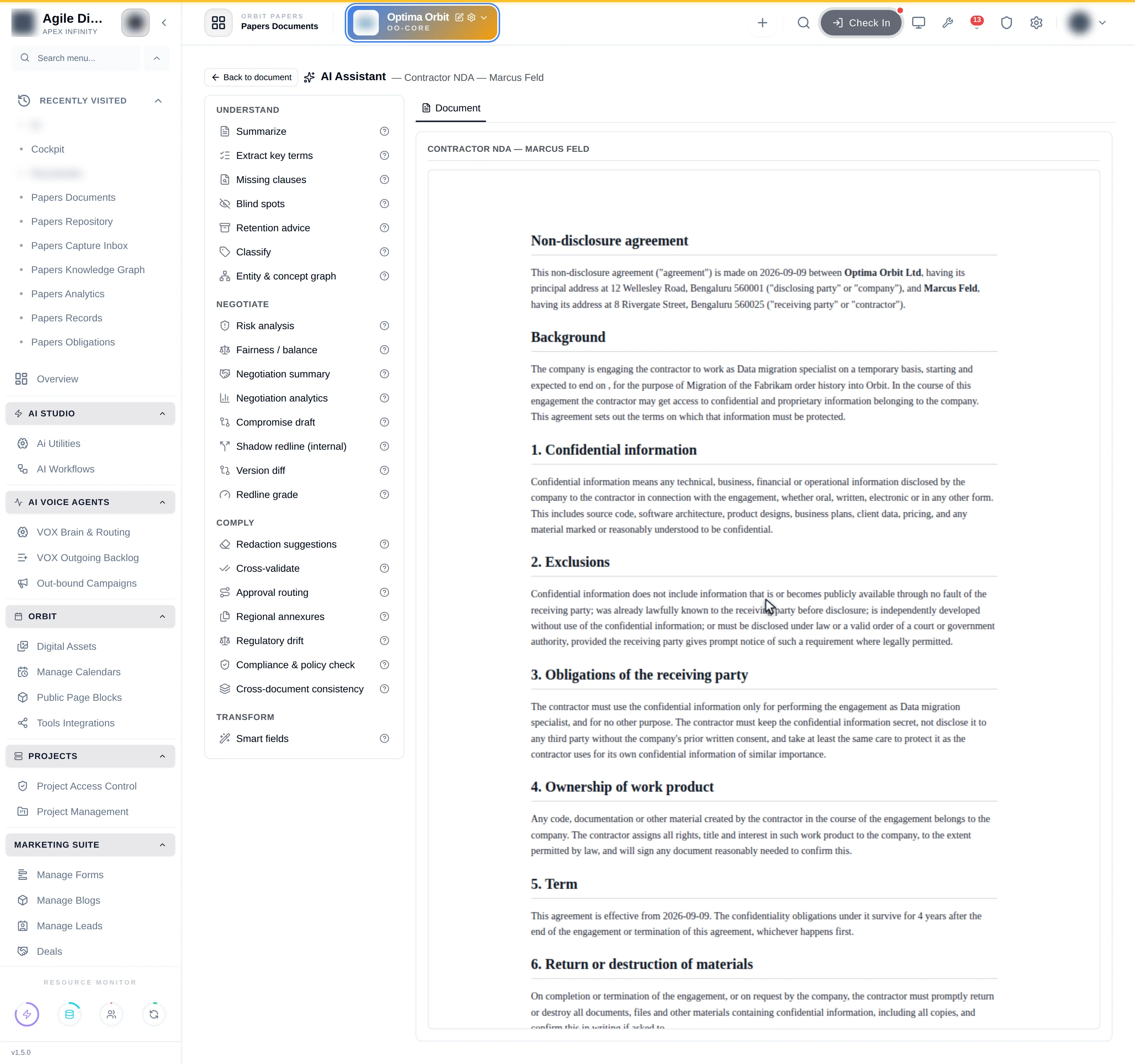 The AI workspace: the four capability groups on the left, the document on the right
