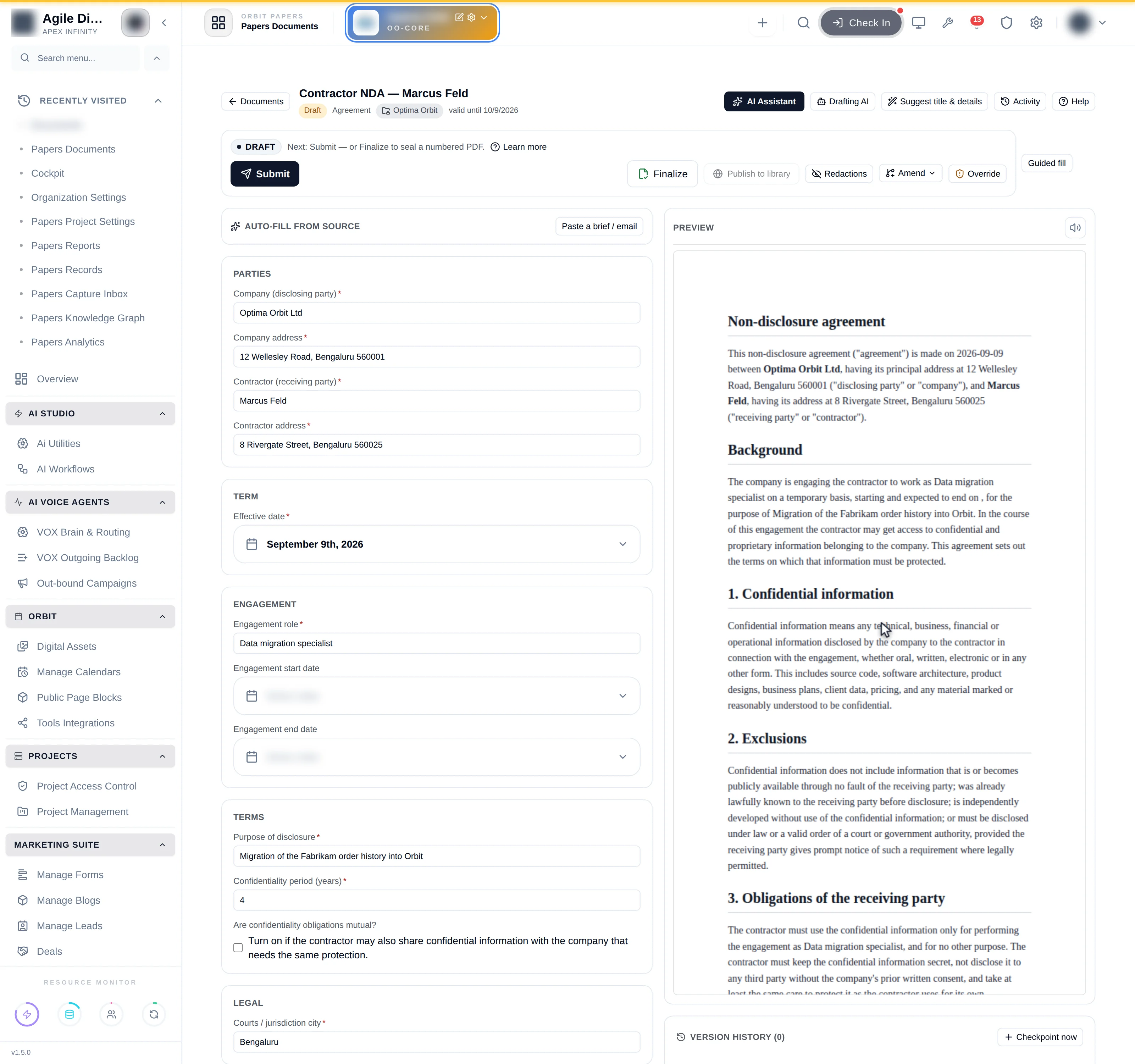 The authoring workspace: the field form on the left, the live document preview on the right