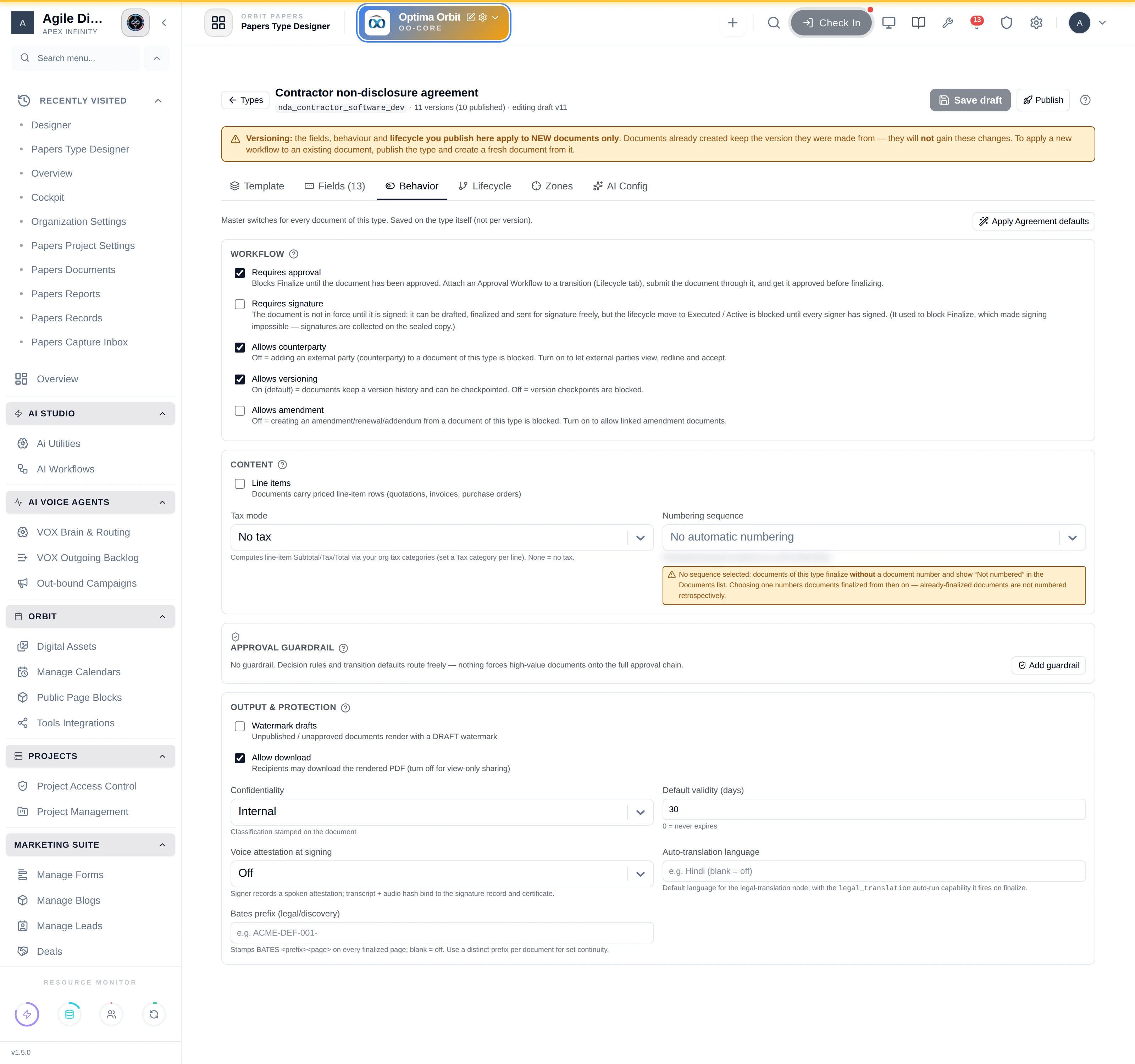 The Behavior tab with workflow switches, content settings, approval guardrail and output protection