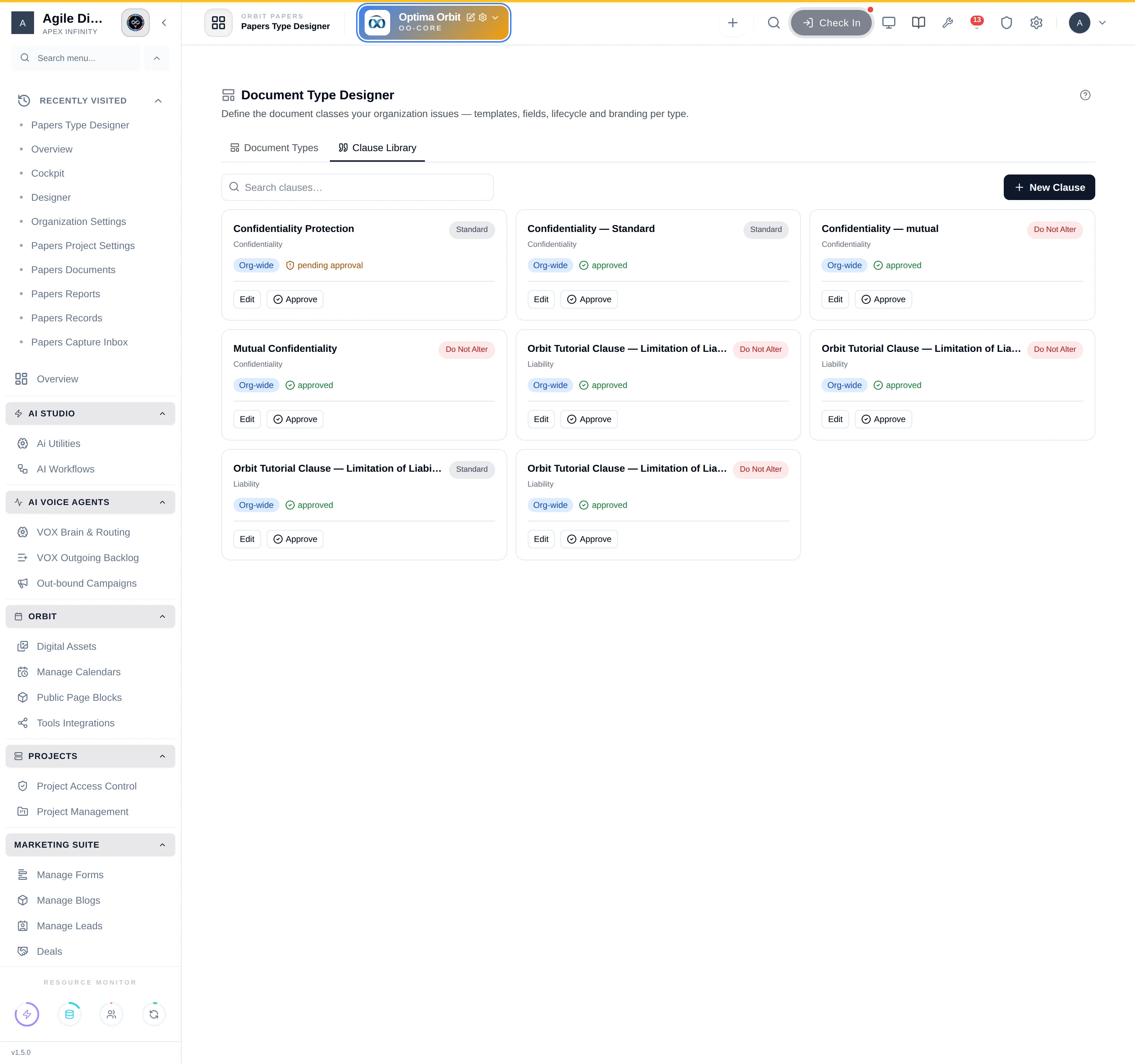 The Clause Library tab showing clause cards with category, scope, approval state and alteration policy